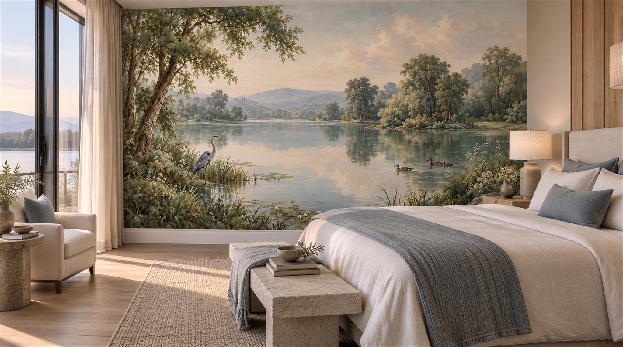 Red And Sage Green A Lakeside View Wallpaper Mural Spa-wallpaper-murals, Peel-and-stick Finish