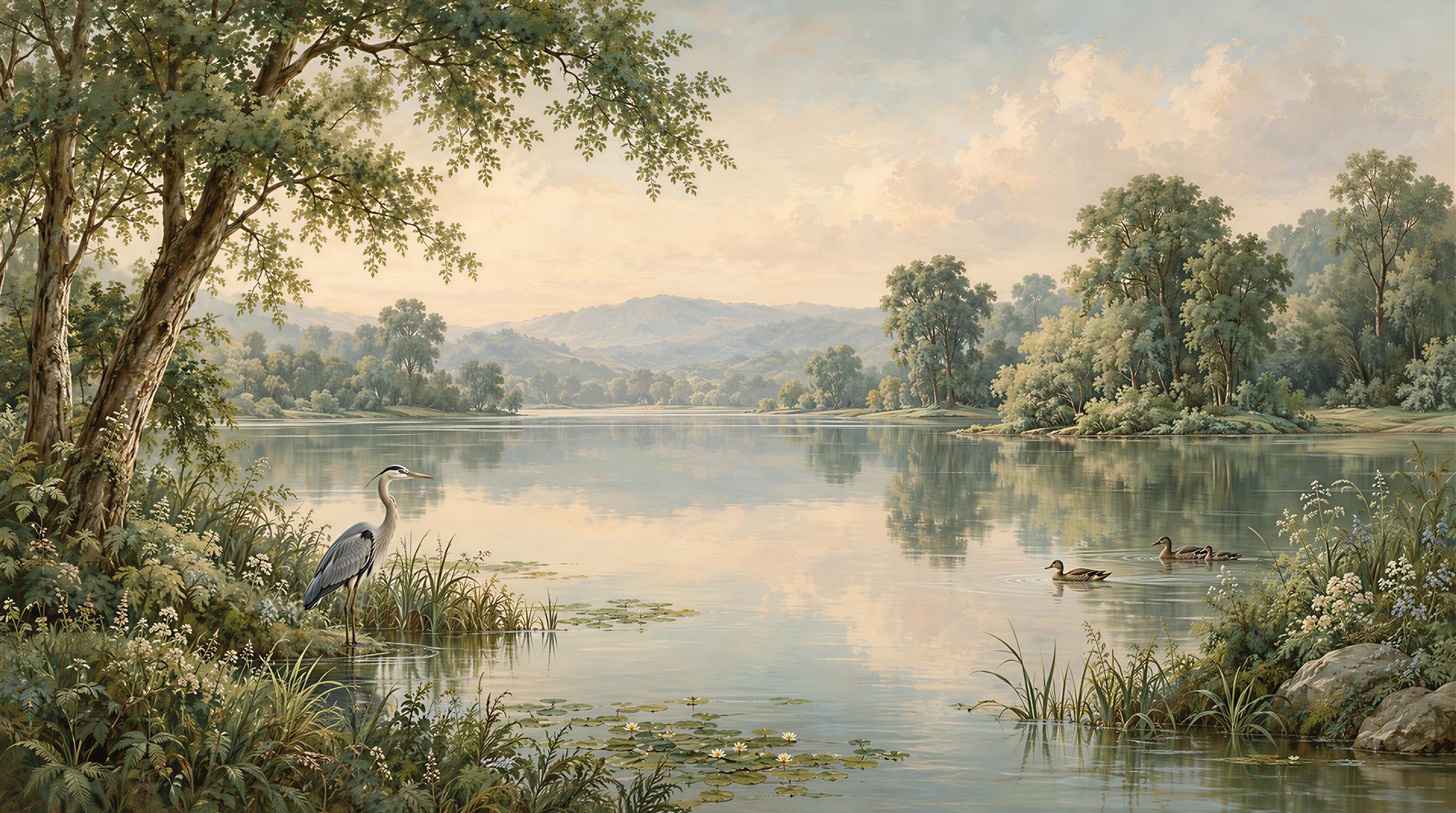 Heron And Ducks On A Golden Tree-lined Lake Wallpaper Mural — Wallpaper Mural Design, Peel-and-stick Finish