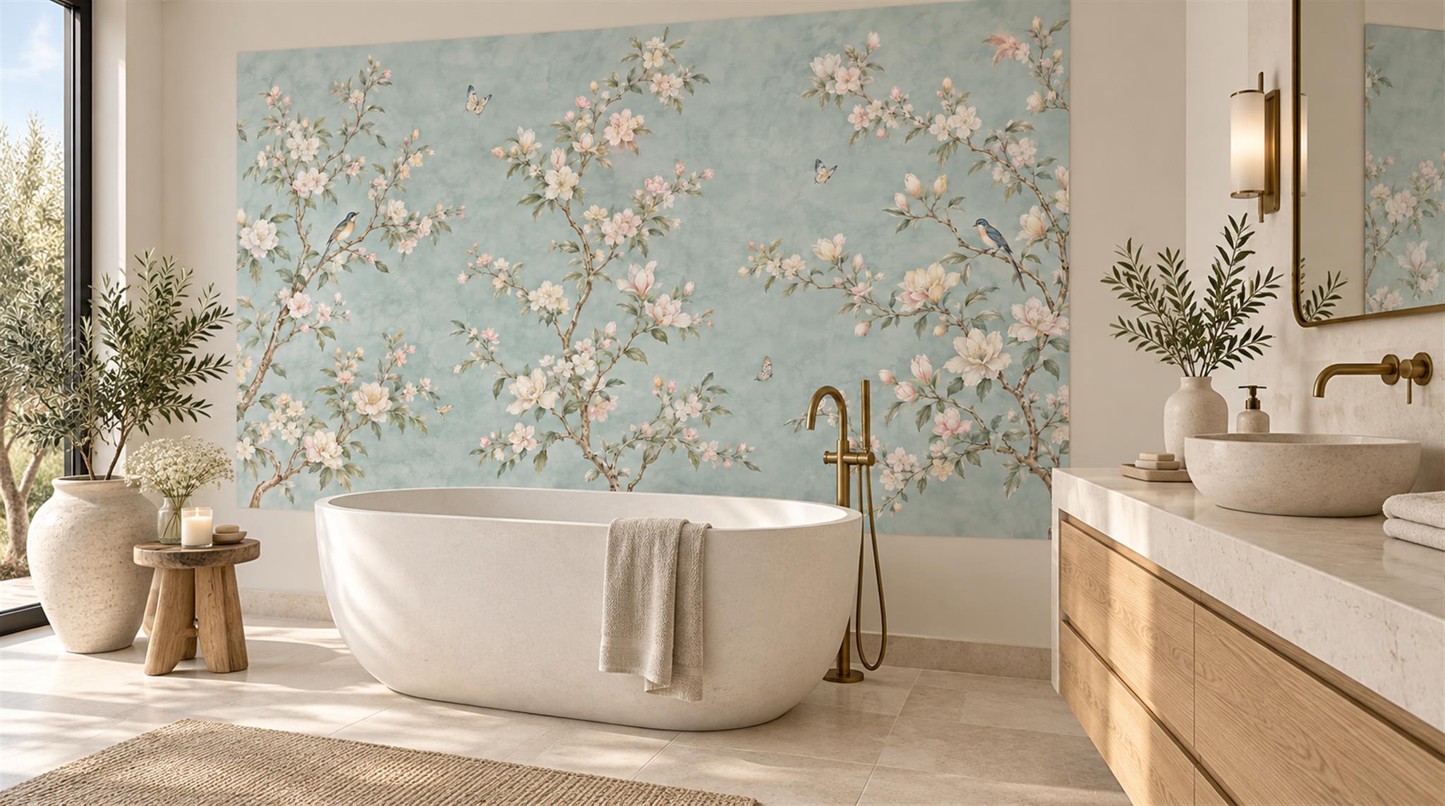 Blue And Neutral Blossom Branches Wallpaper Mural Bathroom-wallpaper-murals, Peel-and-stick Finish
