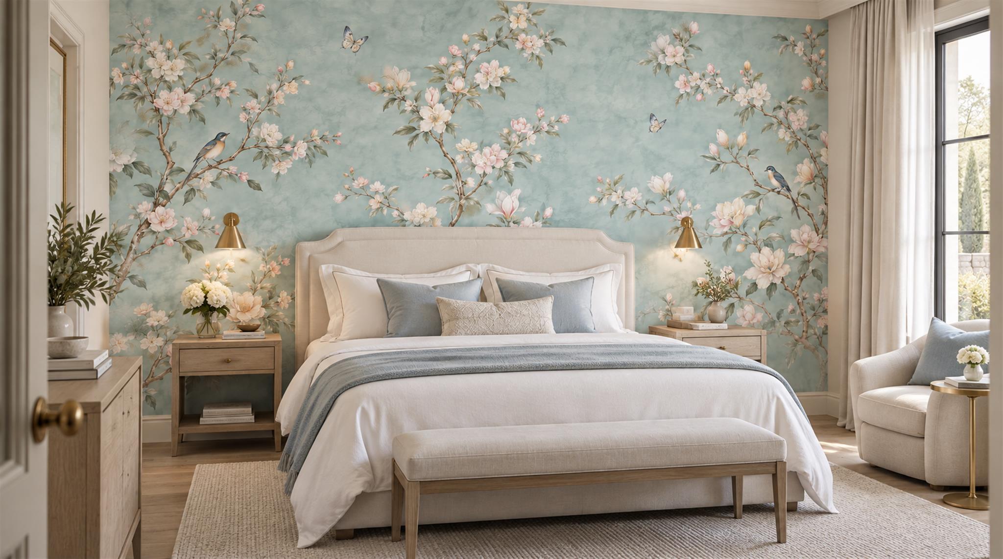 Blue And Neutral Blossom Branches Wallpaper Mural Bedroom-wallpaper-murals, Peel-and-stick Finish