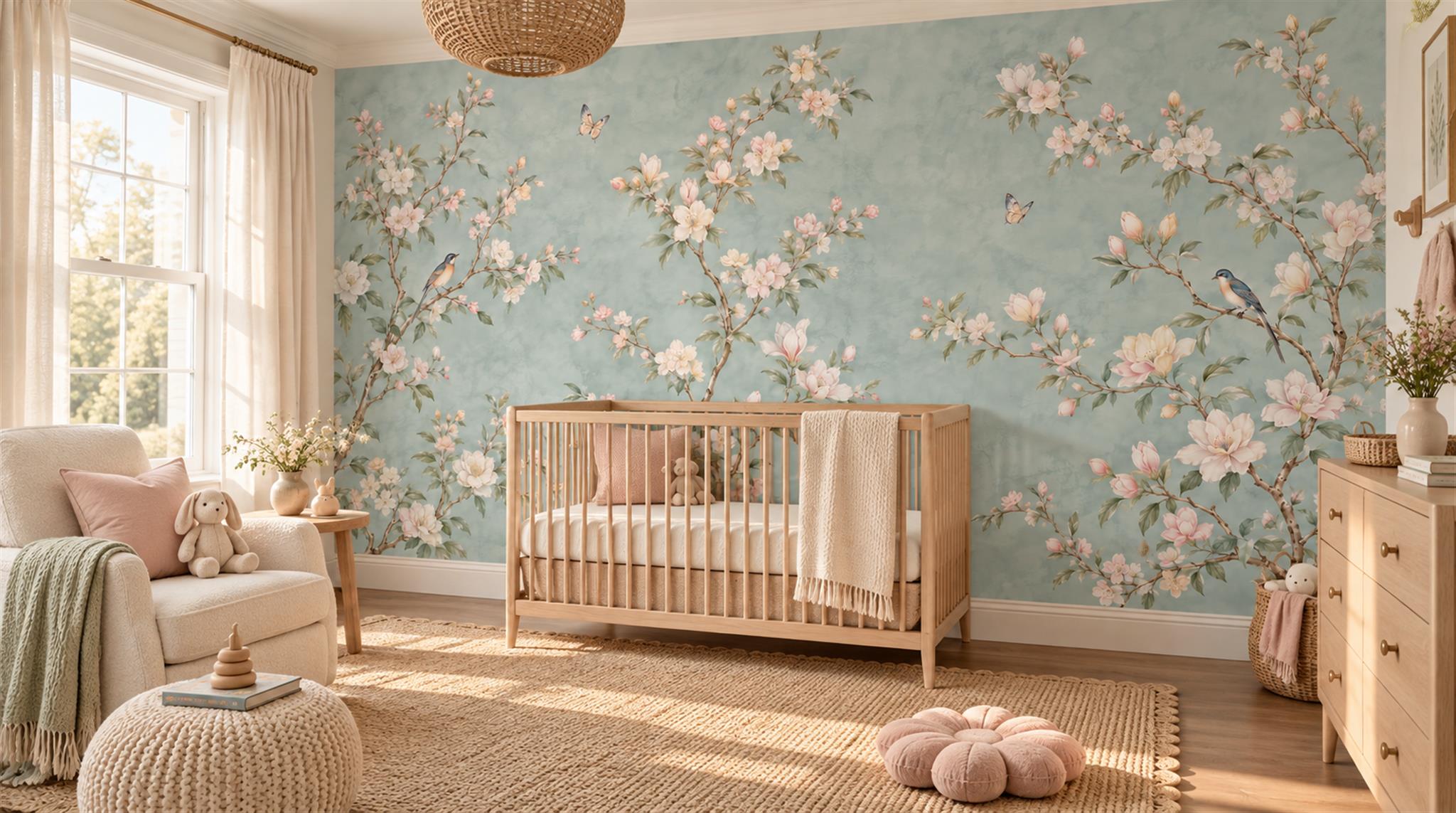 Cherry Blossoms With Songbirds And Butterflies On Blue Wallpaper Mural — Installed Wallpaper Mural In A Nursery, Peel-and-stick Finish