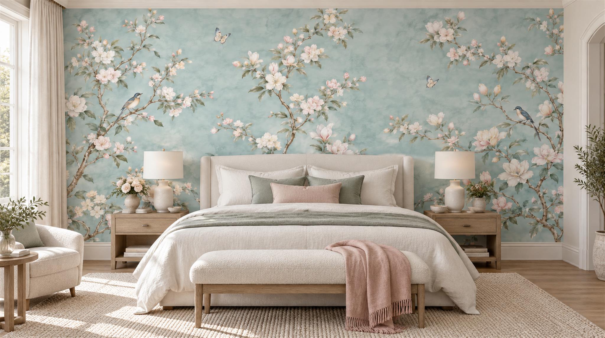 Blue And Neutral Blossom Branches Wallpaper Mural Accent-wall-wallpaper-murals, Peel-and-stick Finish
