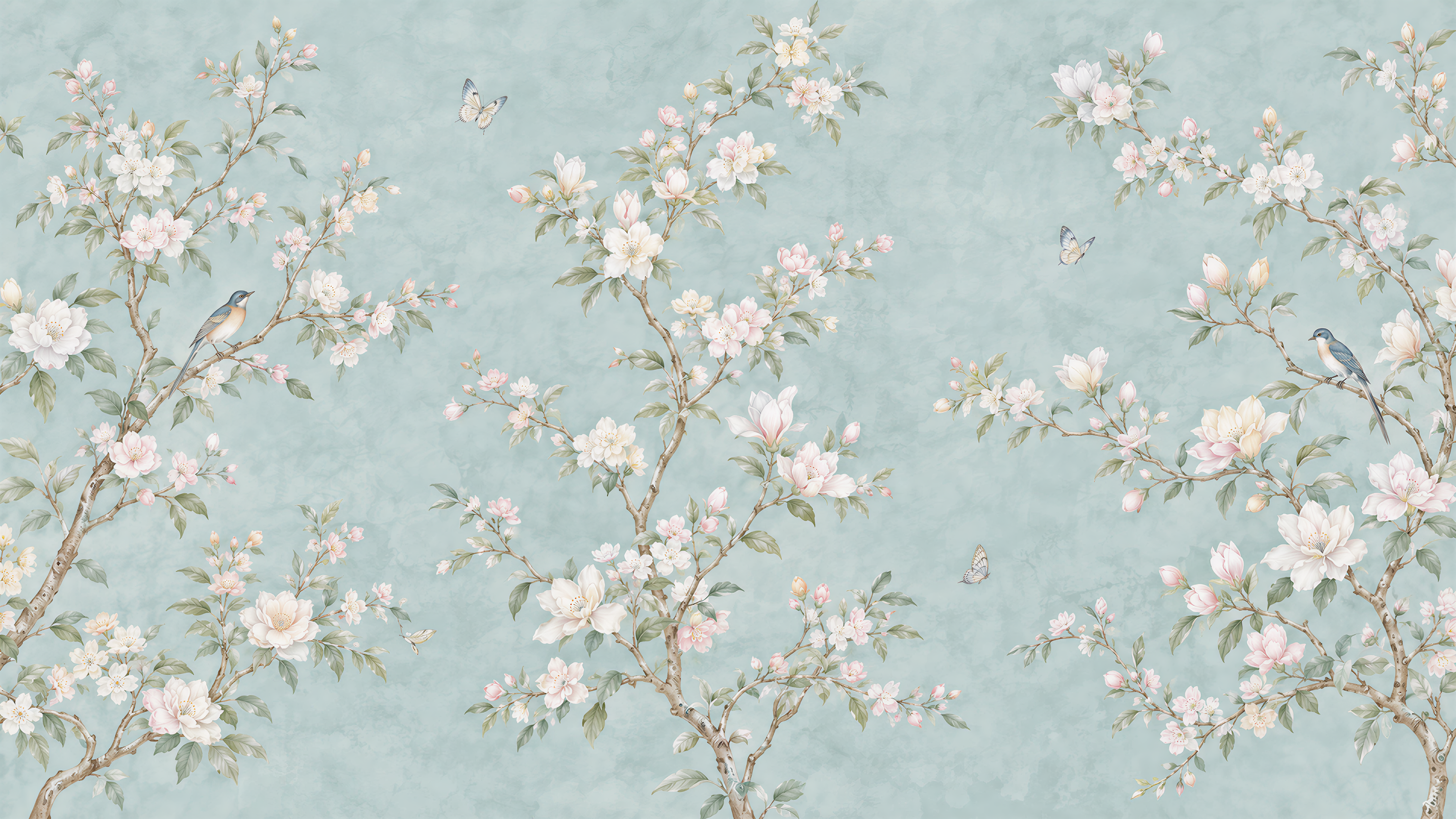 Blue And Neutral Blossom Branches Wallpaper Mural, Peel-and-stick Finish