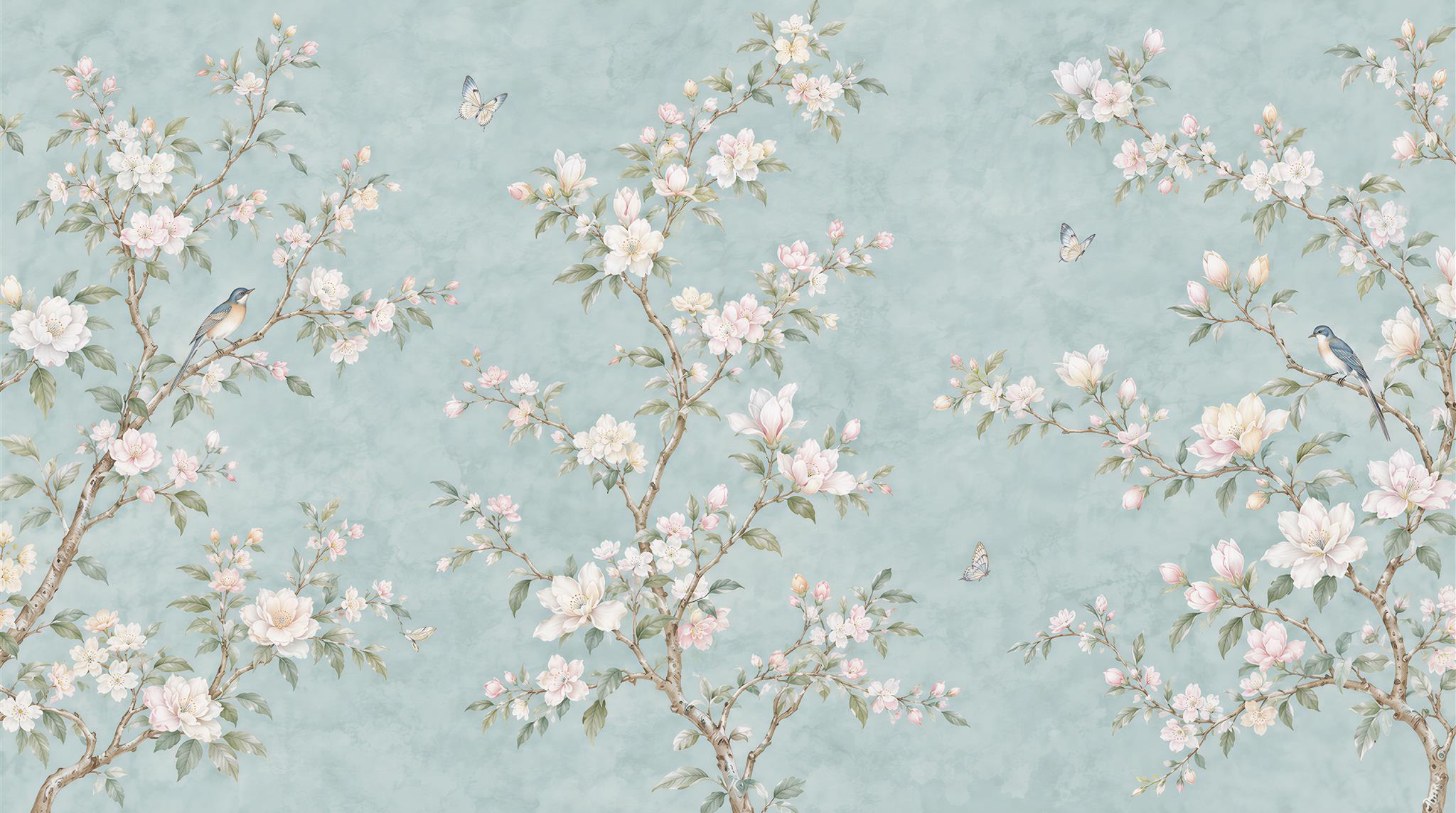 Blue And Neutral Blossom Branches Wallpaper Mural Accent-wall-wallpaper-murals, Peel-and-stick Finish