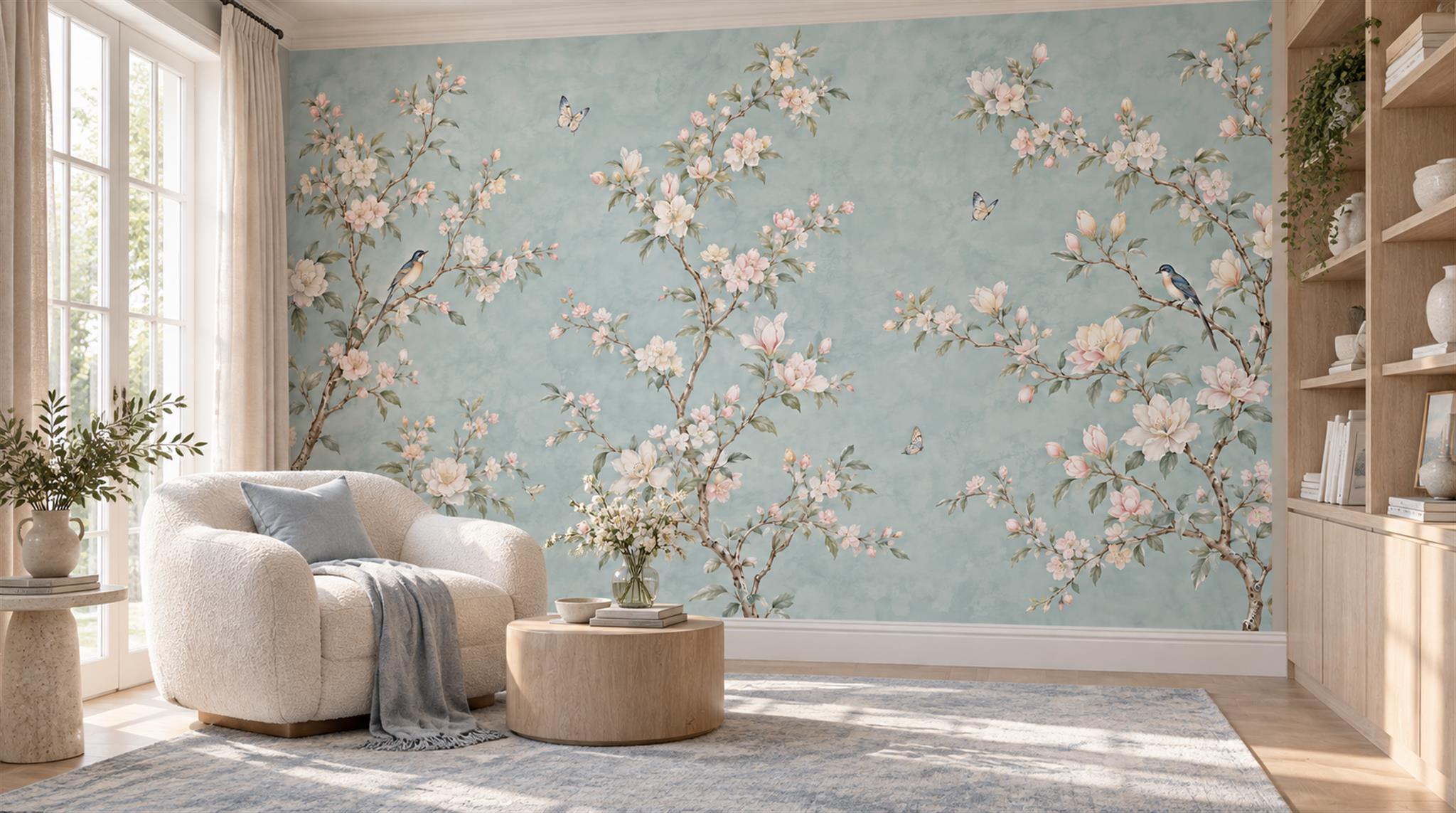 Blue And Neutral Blossom Branches Wallpaper Mural Bathroom-wallpaper-murals, Peel-and-stick Finish