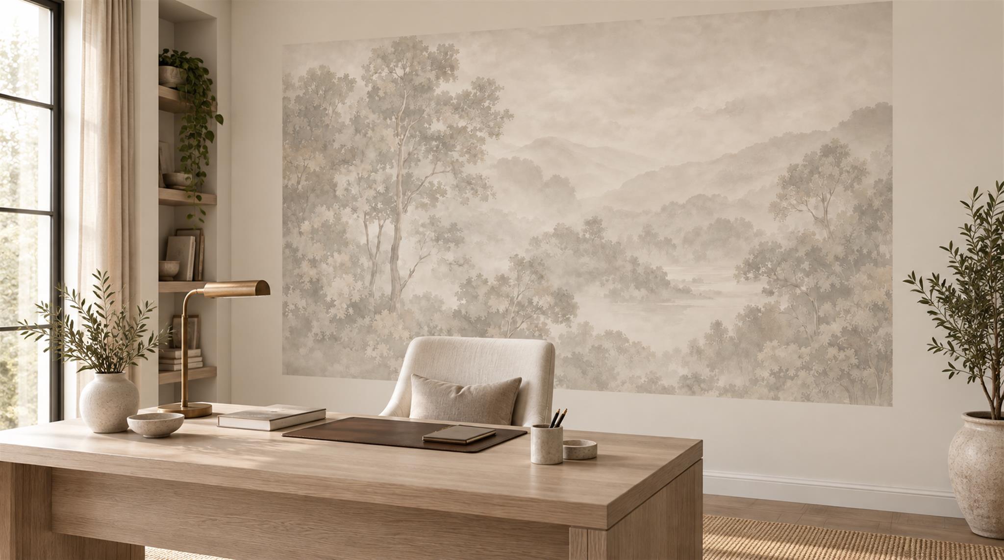 Ivory And Red Abstract Forms Wallpaper Mural Office-wallpaper-murals, Shown In A Home Office, Peel-and-stick Finish