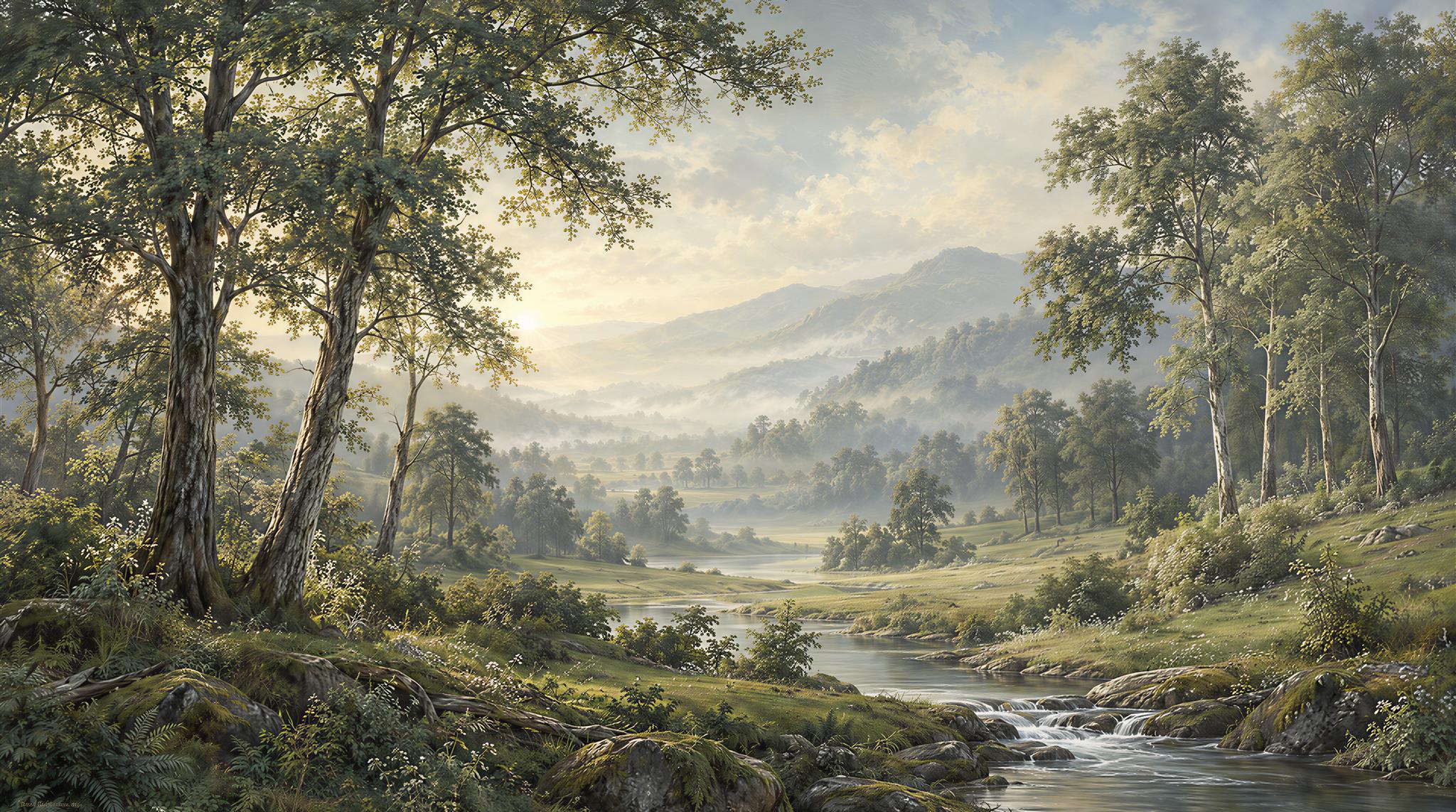 Green And Neutral A Painterly Scenic View Wallpaper Mural, Peel-and-stick Finish