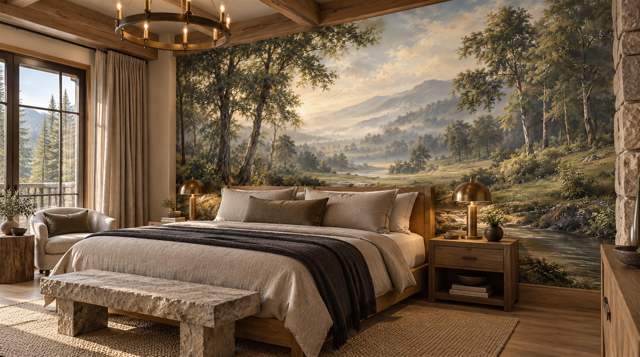 Sunlit Mountain Stream And Waterfall Through A Forest Wallpaper Mural — Wallpaper Mural Design, Peel-and-stick Finish