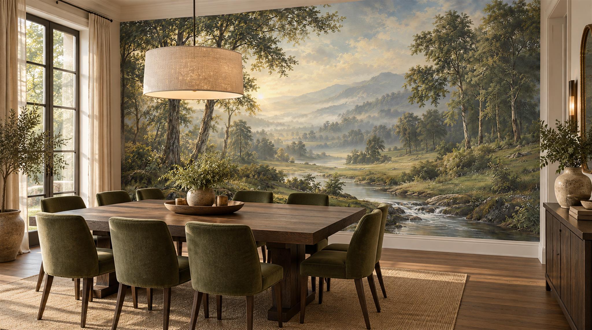 Green And Neutral A Painterly Scenic View Wallpaper Mural Dining-room-wallpaper-murals, Shown In A Dining Room, Peel-and-stick Finish