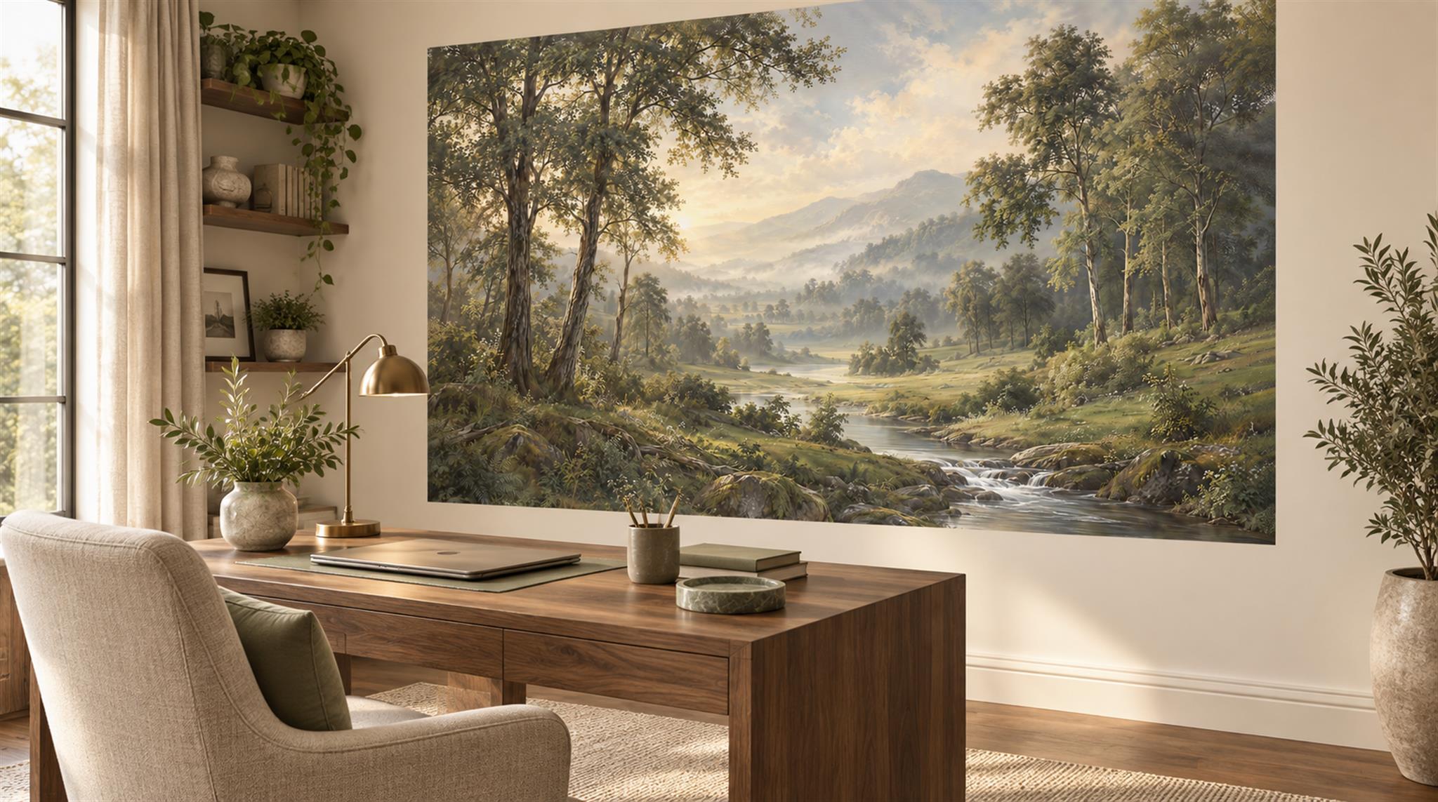 Green And Neutral A Painterly Scenic View Wallpaper Mural Office-wallpaper-murals, Shown In A Home Office, Peel-and-stick Finish
