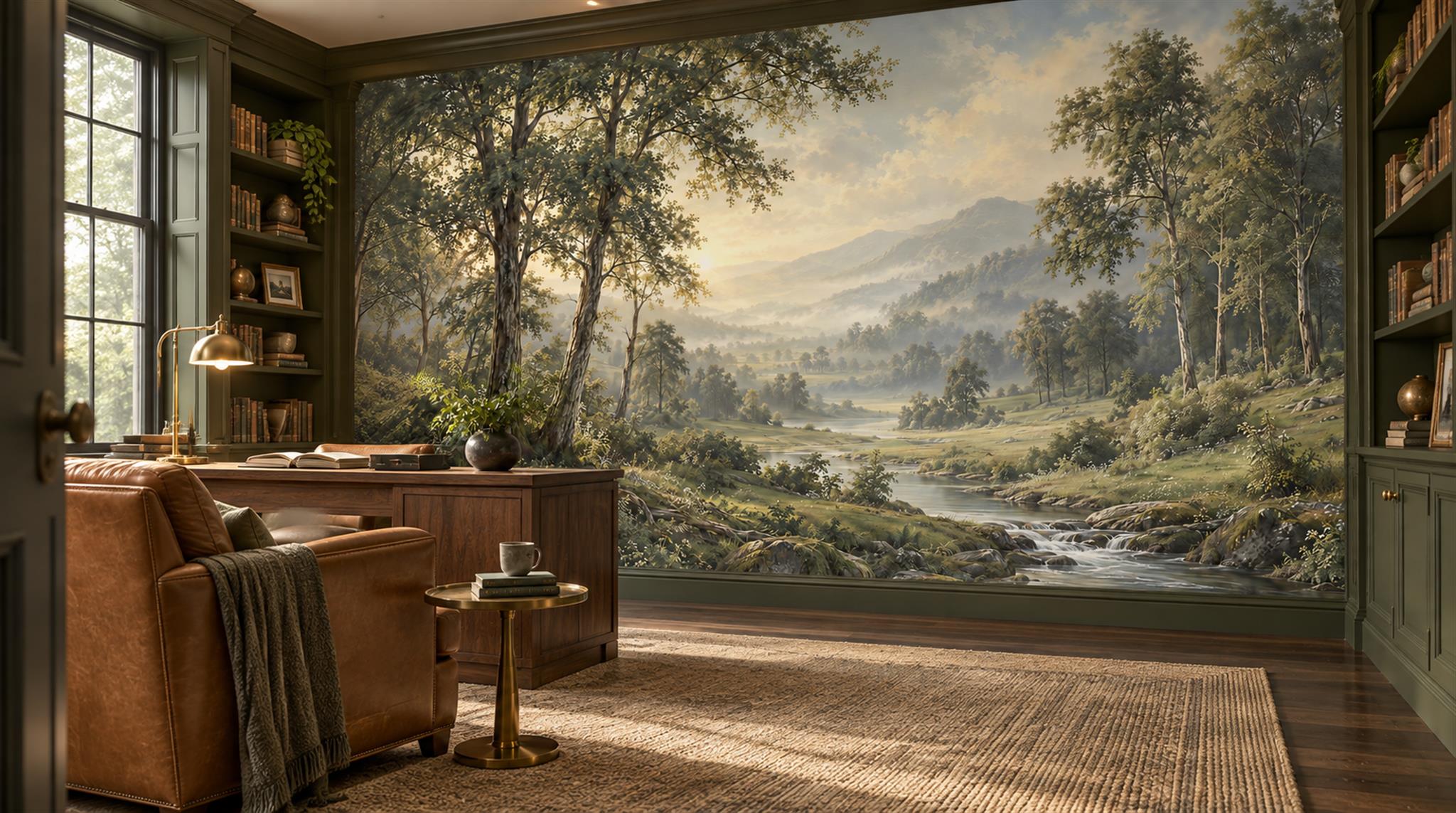 Green And Neutral A Painterly Scenic View Wallpaper Mural, Peel-and-stick Finish