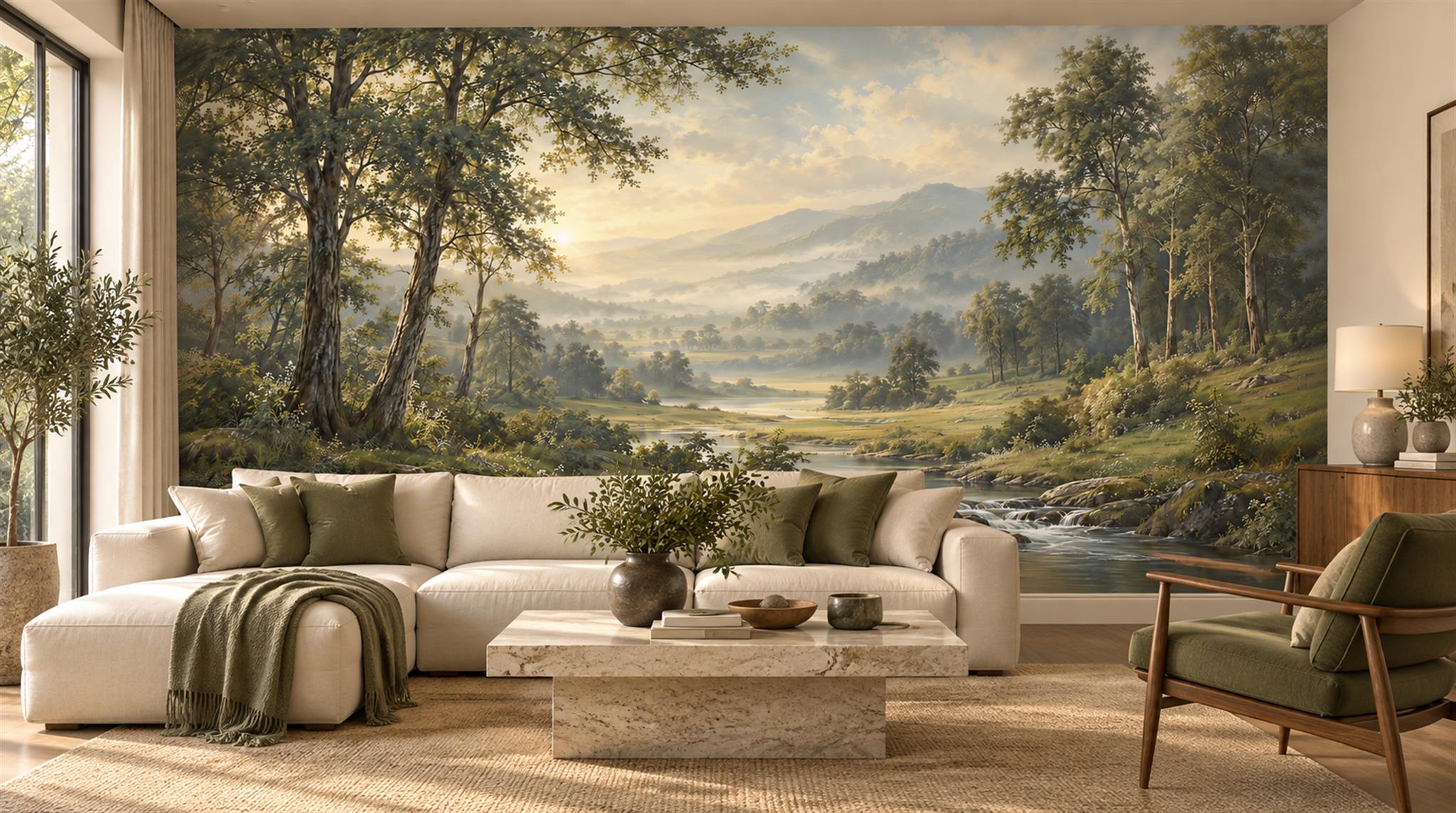 Green And Neutral A Painterly Scenic View Wallpaper Mural Living-room-wallpaper-murals, Shown In A Living Room, Peel-and-stick Finish