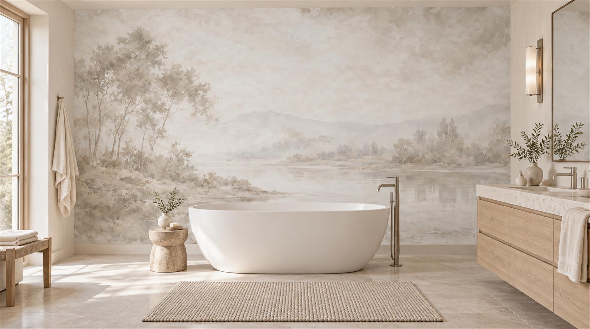 Ivory And Neutral A Painterly Scenic View Painterly Wallpaper Accent-wall-wallpaper-murals, Peel-and-stick Finish