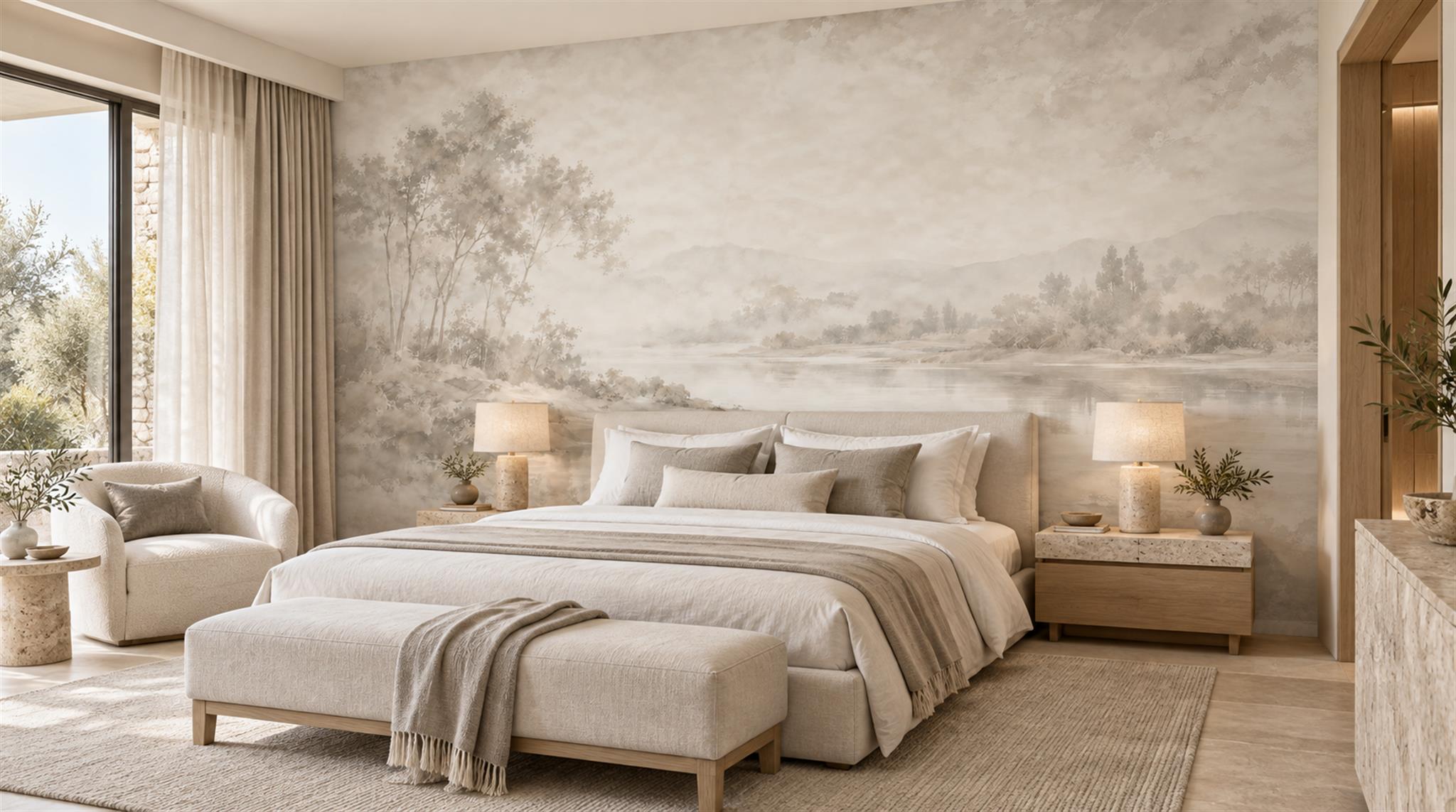 Pale Misty Lake And Woodland Watercolour Wallpaper Mural — Wallpaper Mural Design, Peel-and-stick Finish