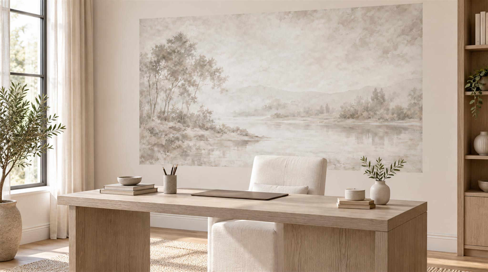 Ivory And Neutral A Painterly Scenic View Painterly Wallpaper Office-wallpaper-murals, Shown In A Home Office, Peel-and-stick Finish