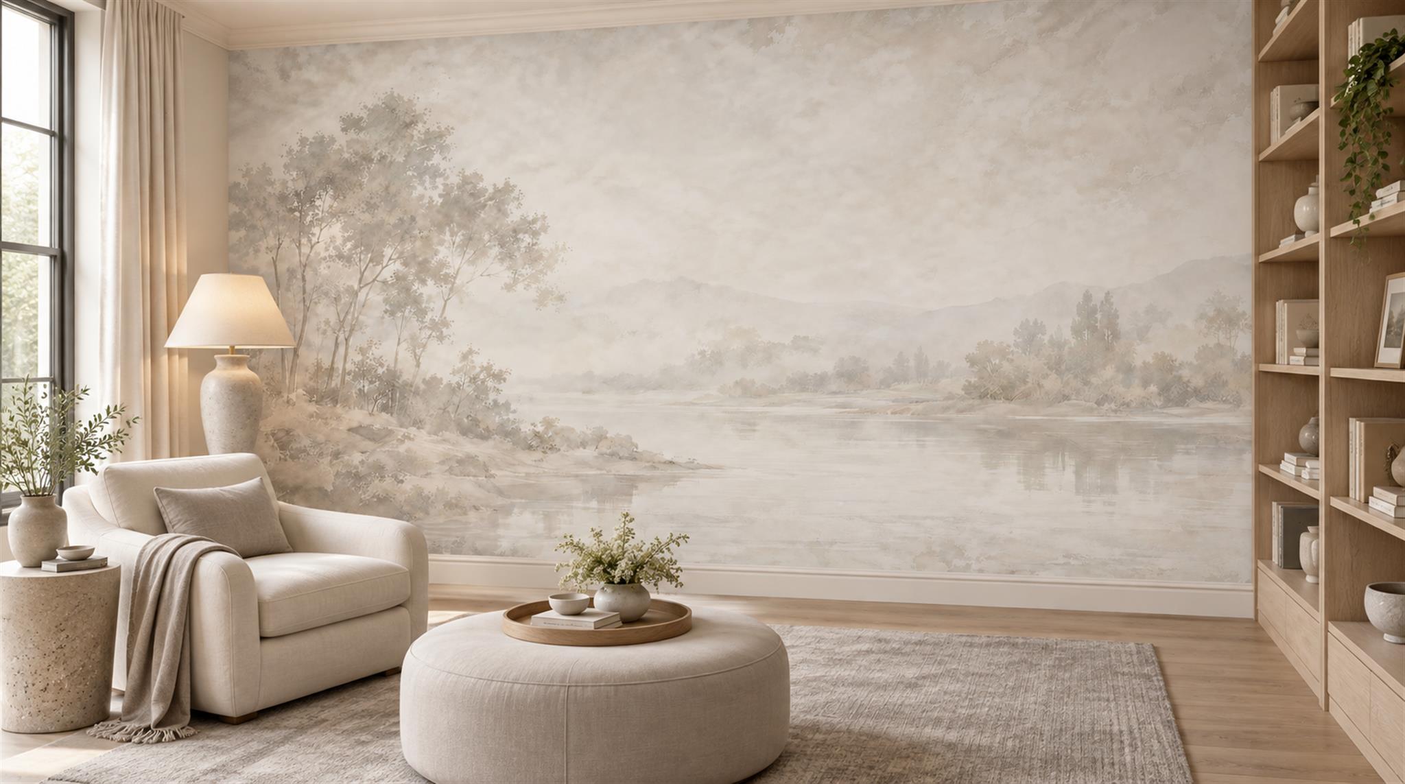 Ivory And Neutral A Painterly Scenic View Painterly Wallpaper, Peel-and-stick Finish