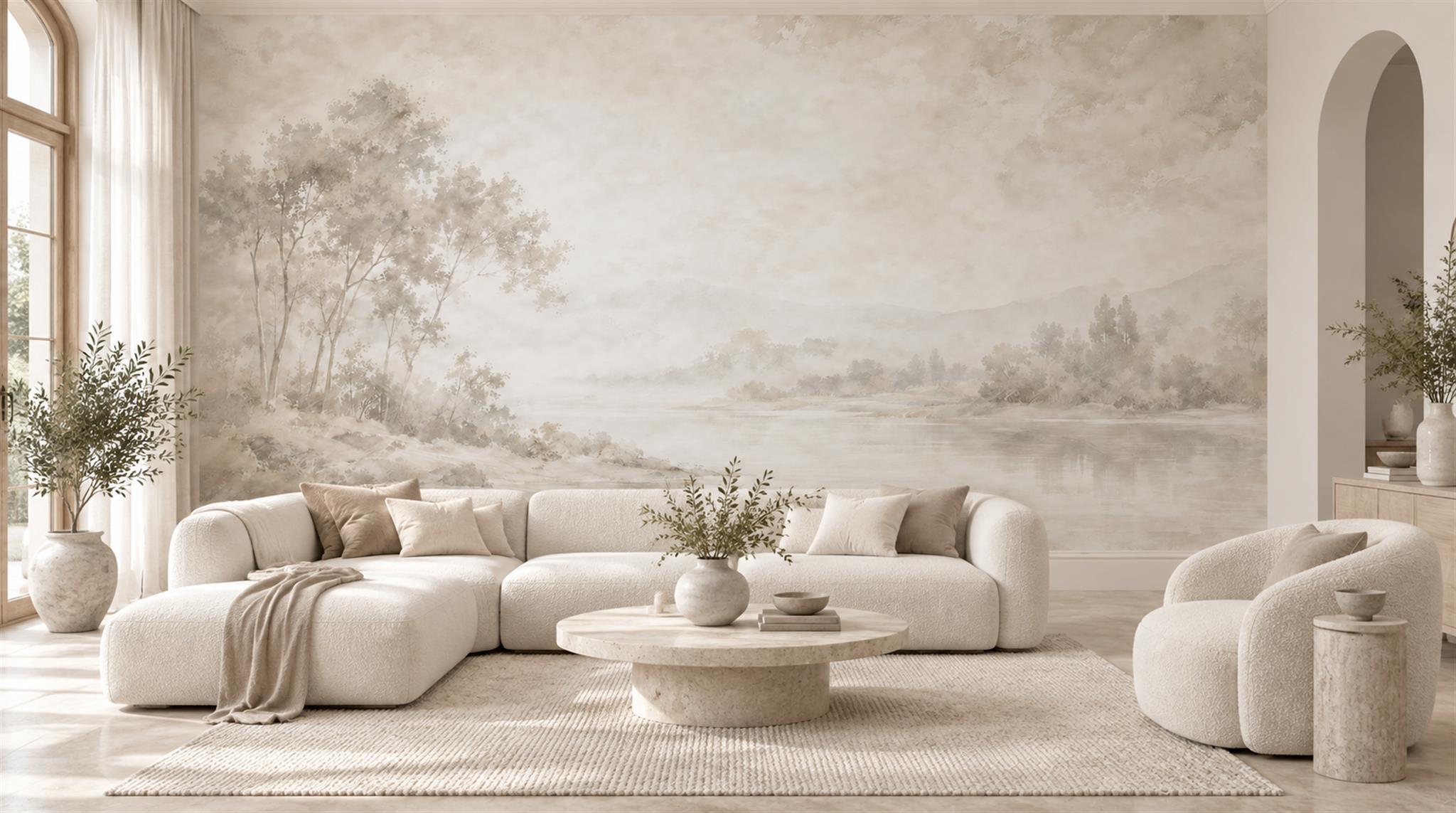 Ivory And Neutral A Painterly Scenic View Painterly Wallpaper Accent-wall-wallpaper-murals, Peel-and-stick Finish