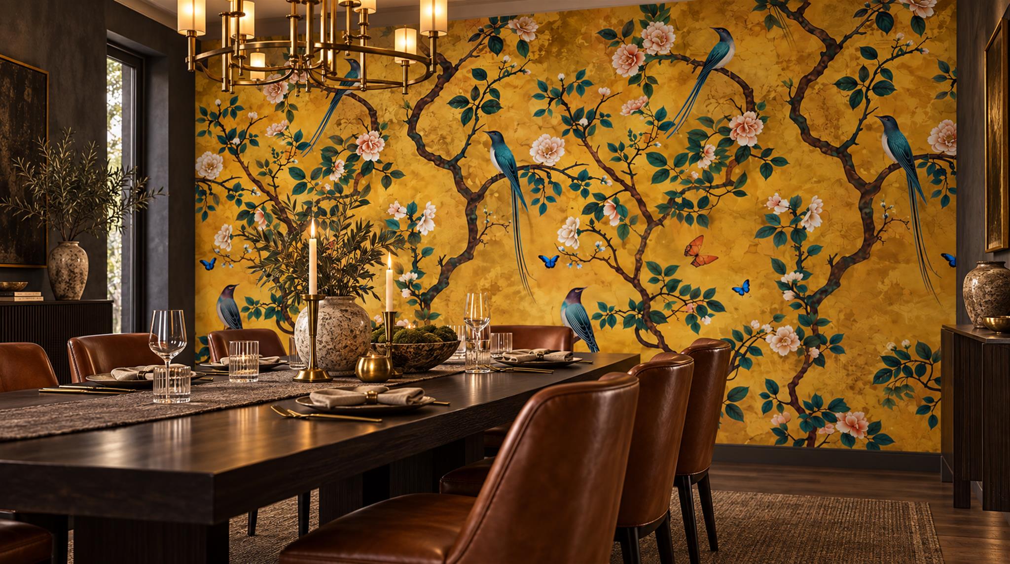 Gold And Red Blossom Branches Decorative Wallpaper Mural Dining-room-wallpaper-murals, Shown In A Dining Room, Peel-and-stick Finish