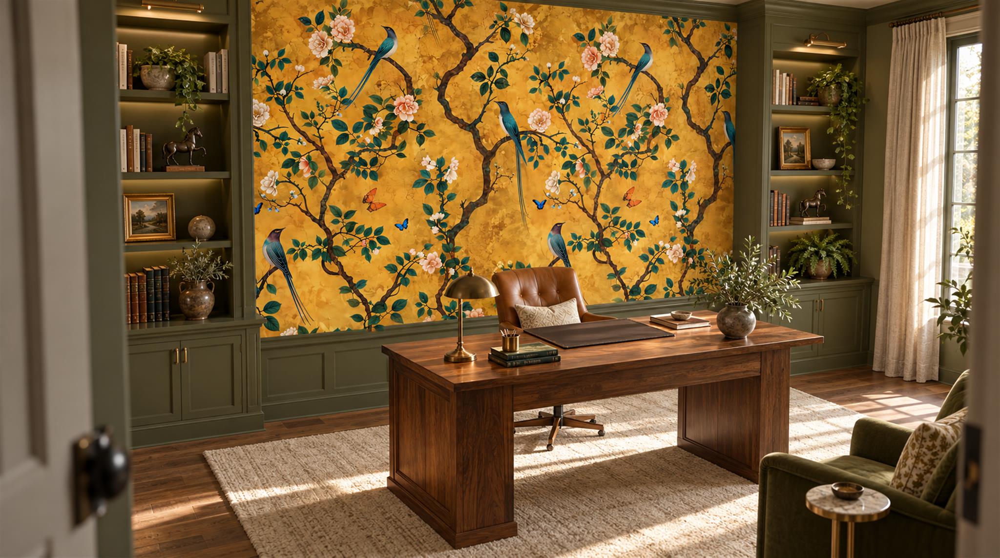 Gold And Red Blossom Branches Decorative Wallpaper Mural Library-wallpaper-murals, Peel-and-stick Finish