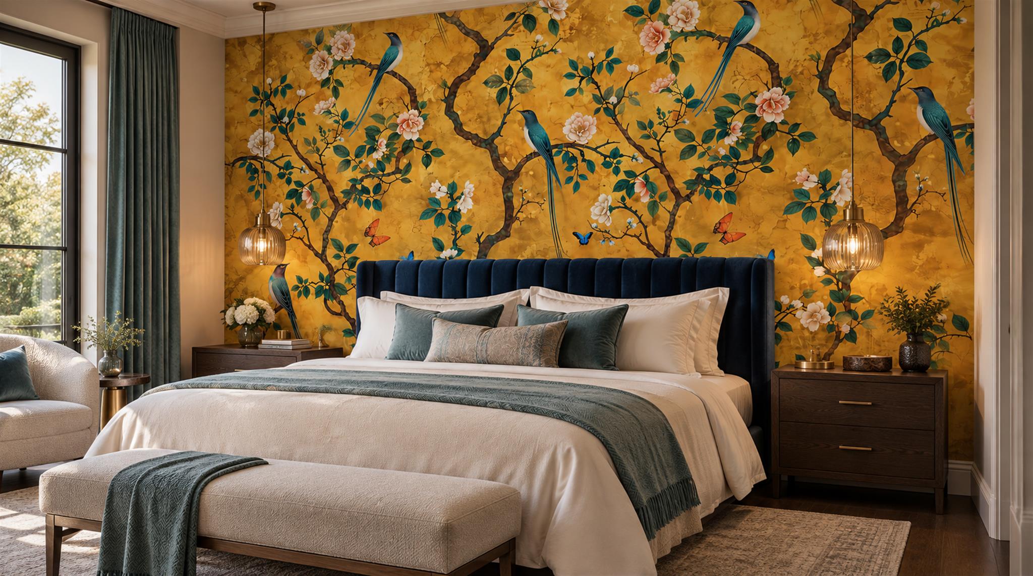 Gold And Red Blossom Branches Decorative Wallpaper Mural Accent-wall-wallpaper-murals, Peel-and-stick Finish