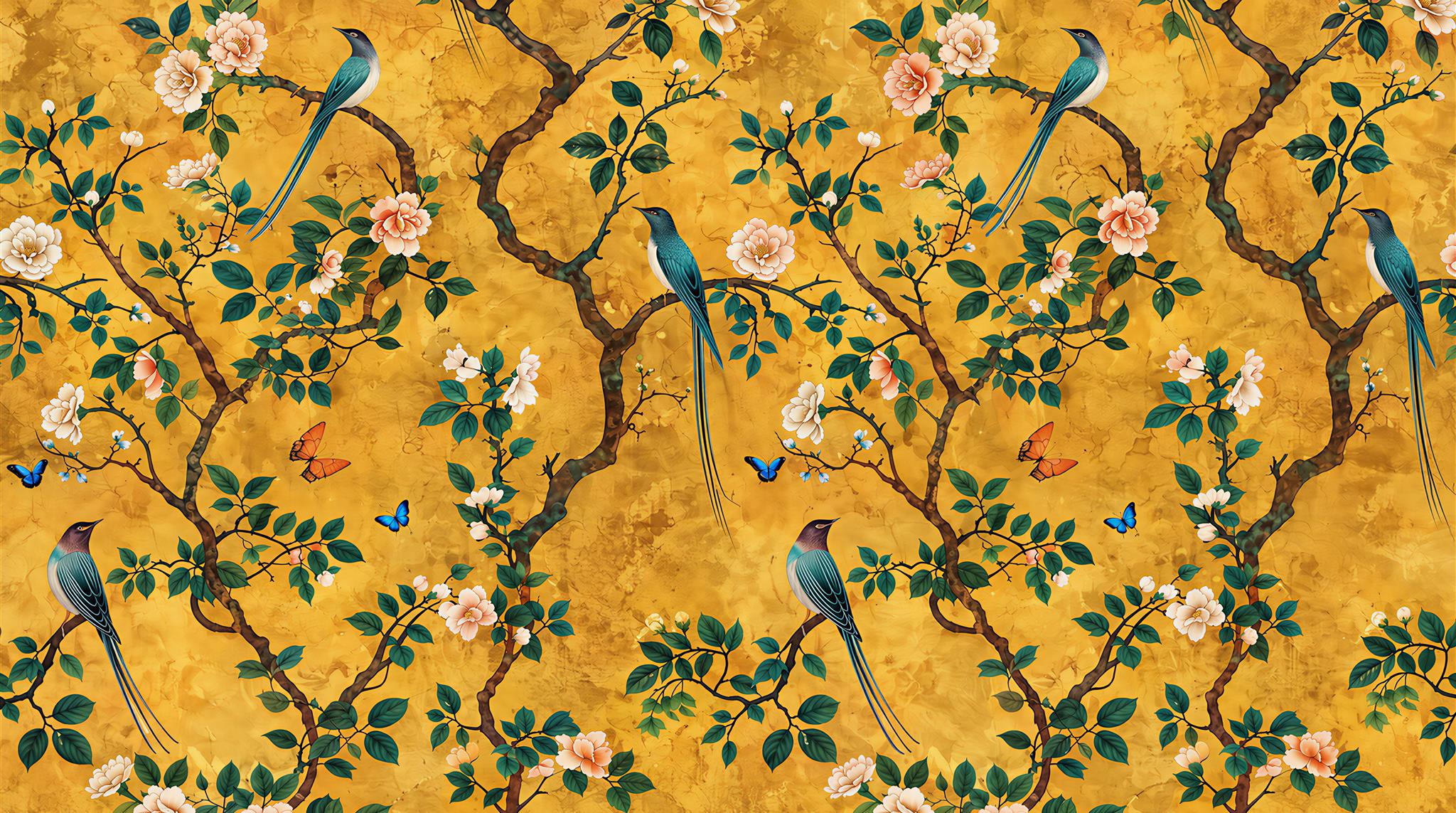 Gold And Red Blossom Branches Decorative Wallpaper Mural, Peel-and-stick Finish