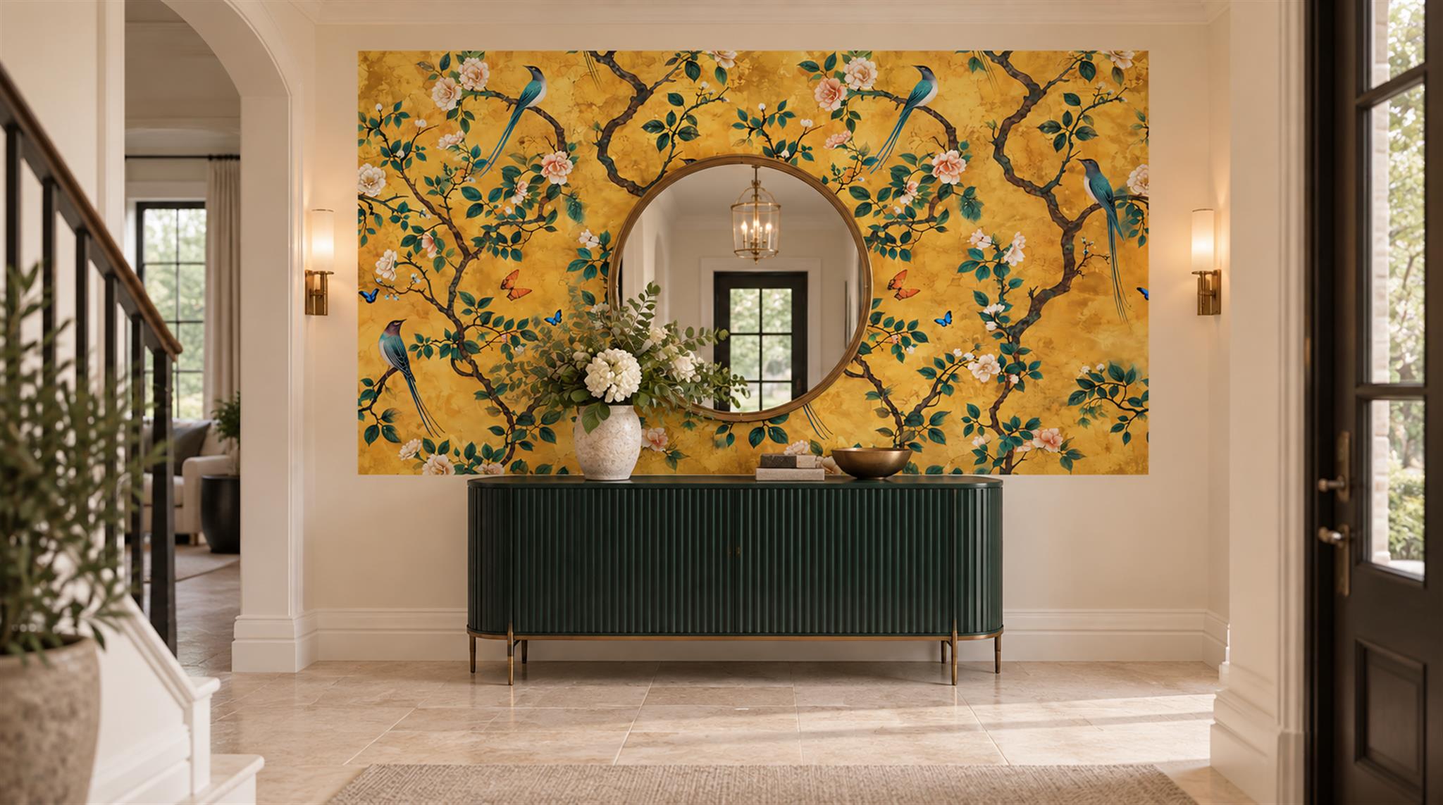 Gold And Red Blossom Branches Decorative Wallpaper Mural Living-room-wallpaper-murals, Peel-and-stick Finish