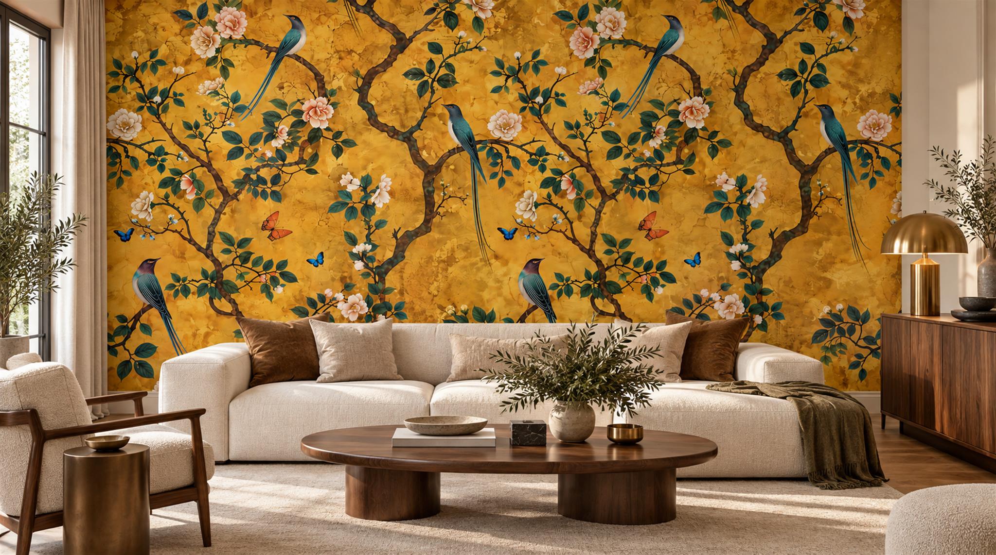 Gold And Red Blossom Branches Decorative Wallpaper Mural Living-room-wallpaper-murals, Peel-and-stick Finish
