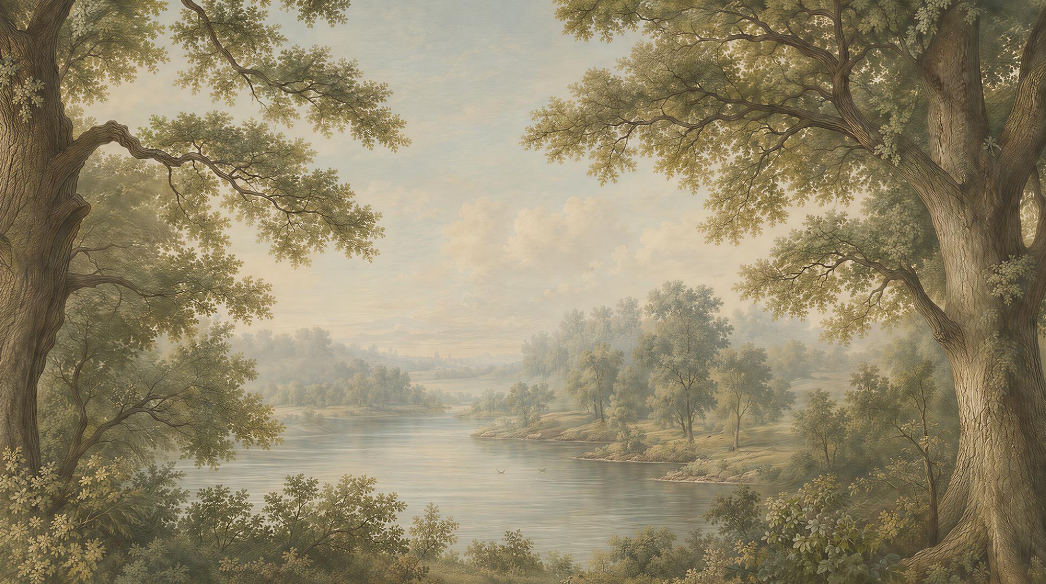 Sage Green And Neutral A Painterly Scenic Decorative Wallpaper, Peel-and-stick Finish