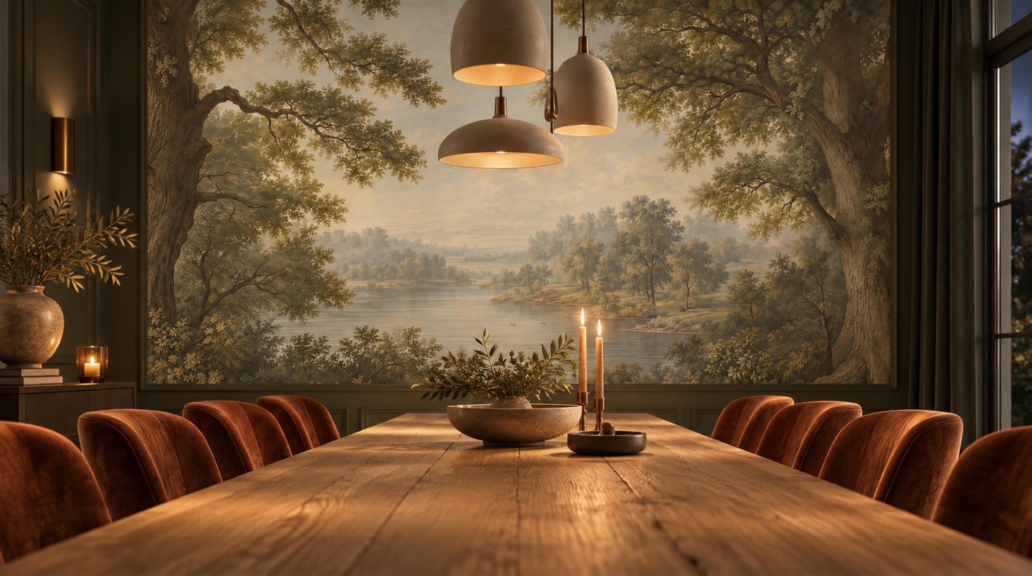 Sage Green And Neutral A Painterly Scenic Decorative Wallpaper Dining-room-wallpaper-murals, Shown In A Dining Room, Peel-and-stick Finish