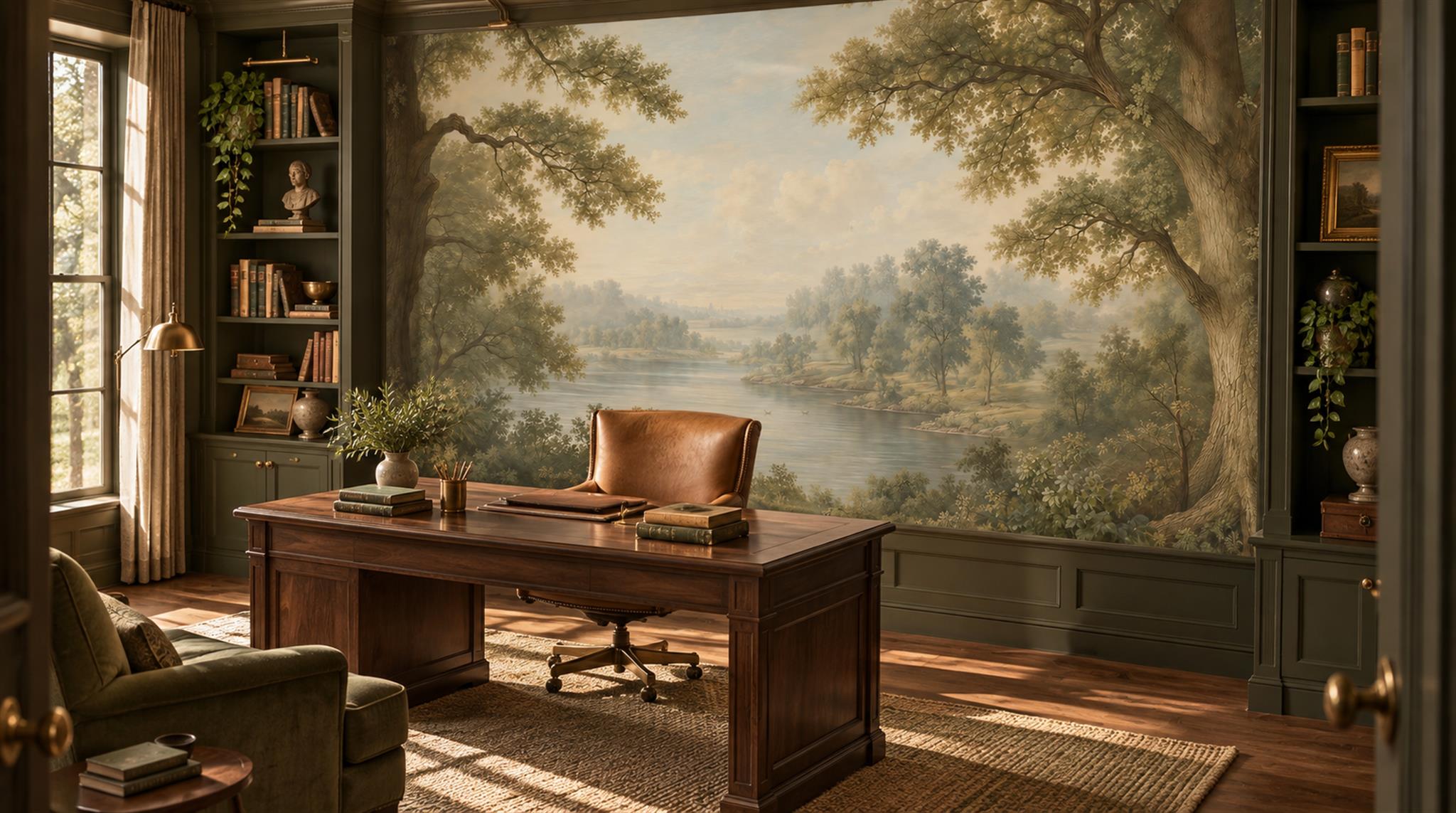 Sage Green And Neutral A Painterly Scenic Decorative Wallpaper Library-wallpaper-murals, Peel-and-stick Finish