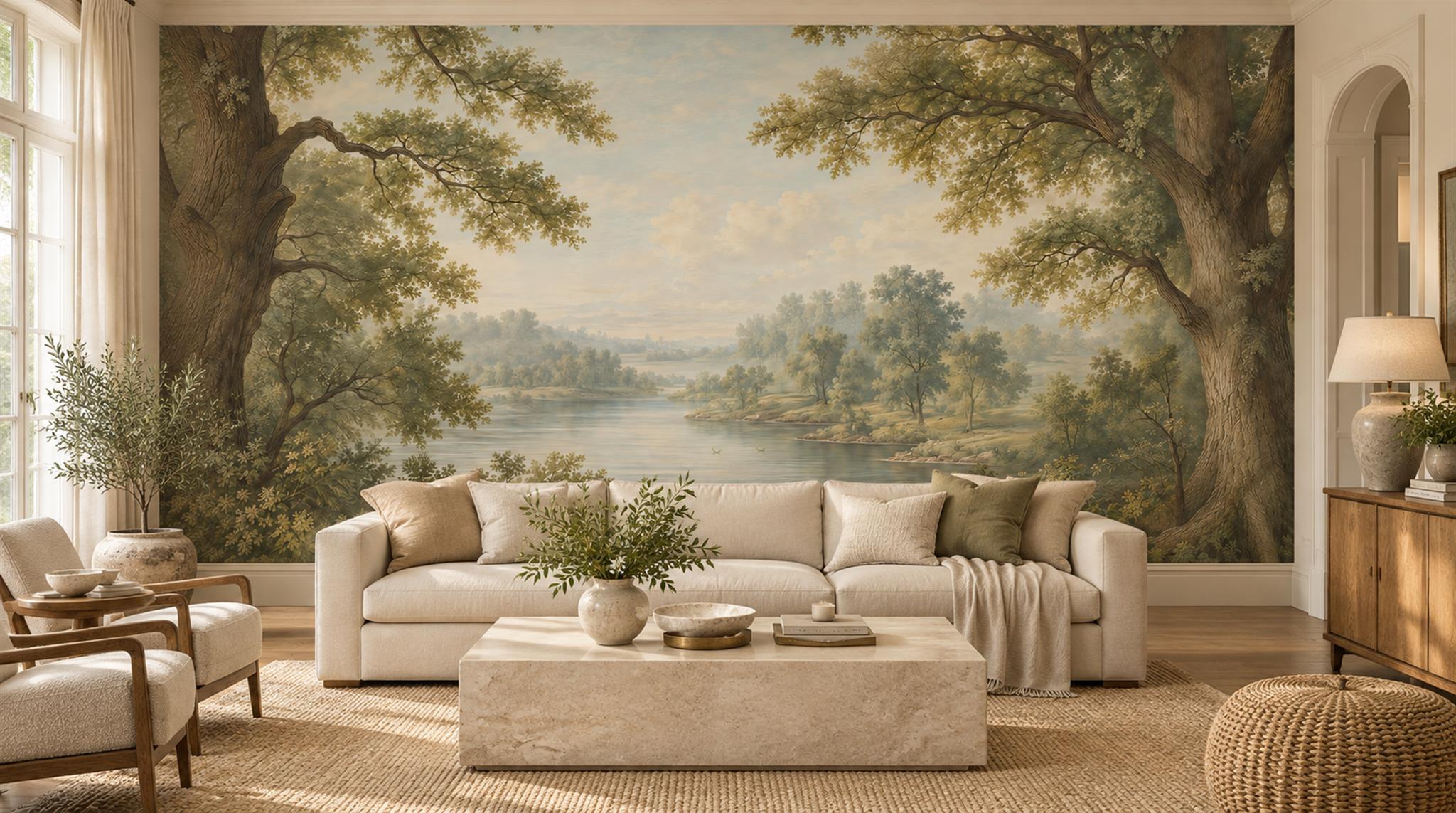 Misty Mountain Lake Framed By Ancient Trees Wallpaper Mural — Wallpaper Mural Design, Peel-and-stick Finish