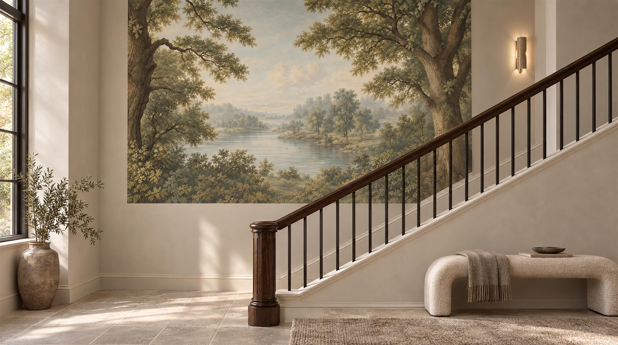 Sage Green And Neutral A Painterly Scenic Decorative Wallpaper Accent-wall-wallpaper-murals, Peel-and-stick Finish