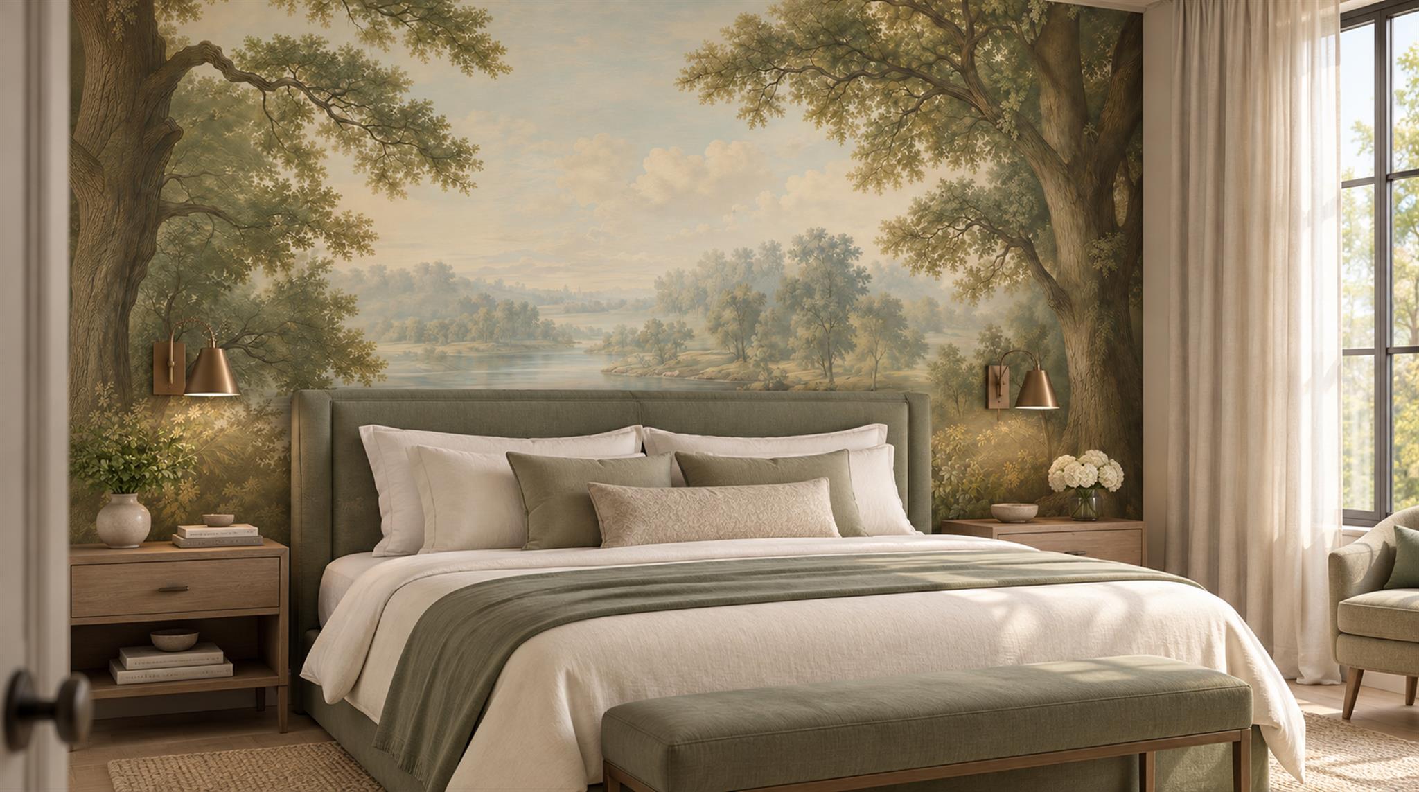 Sage Green And Neutral A Painterly Scenic Decorative Wallpaper Feature-wall-wallpaper-murals, Peel-and-stick Finish