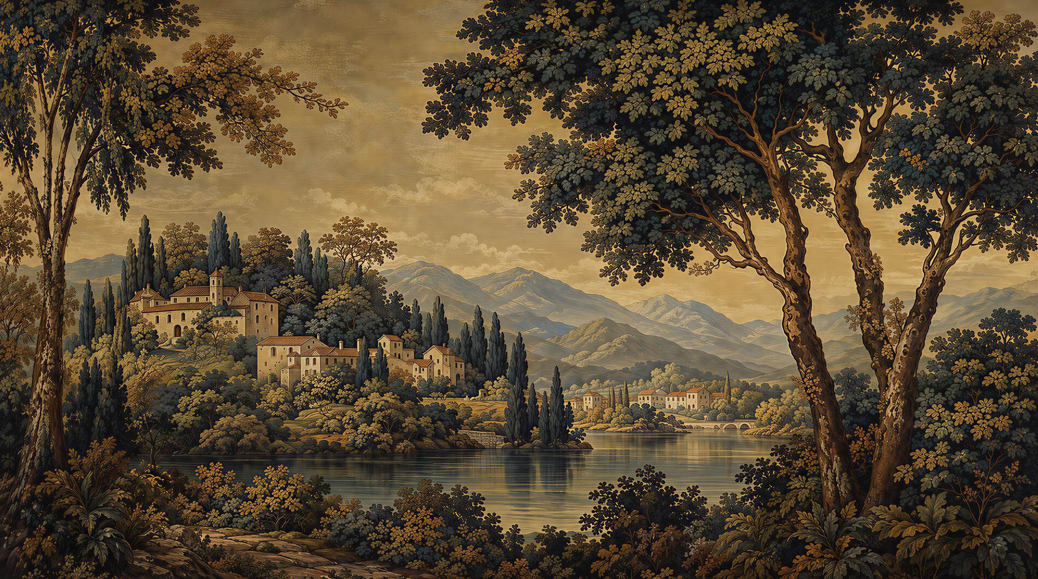 Neutral A Painterly Scenic View Layered Wallpaper Mural, Peel-and-stick Finish