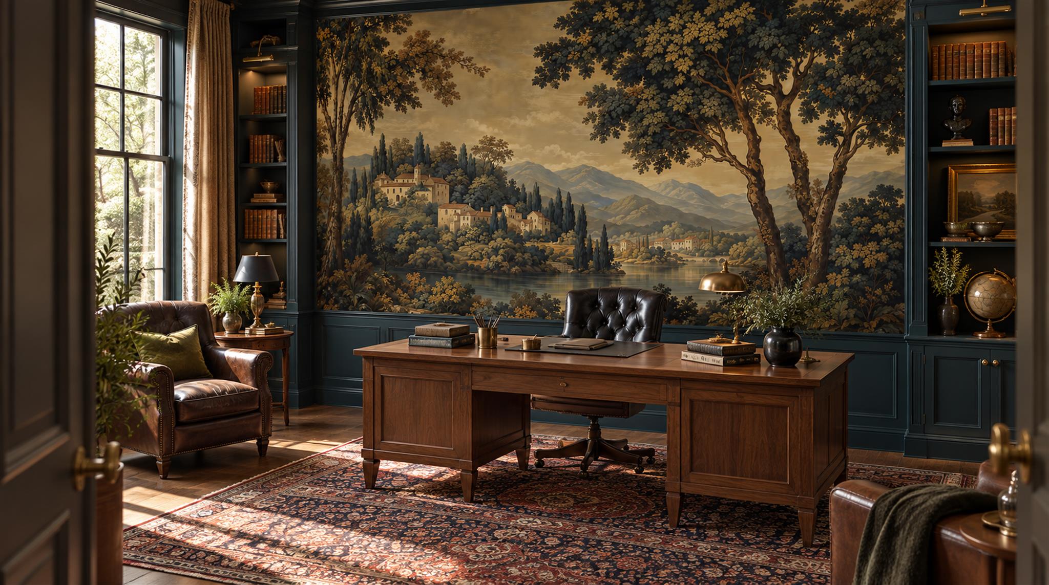 Neutral A Painterly Scenic View Layered Wallpaper Mural Library-wallpaper-murals, Peel-and-stick Finish