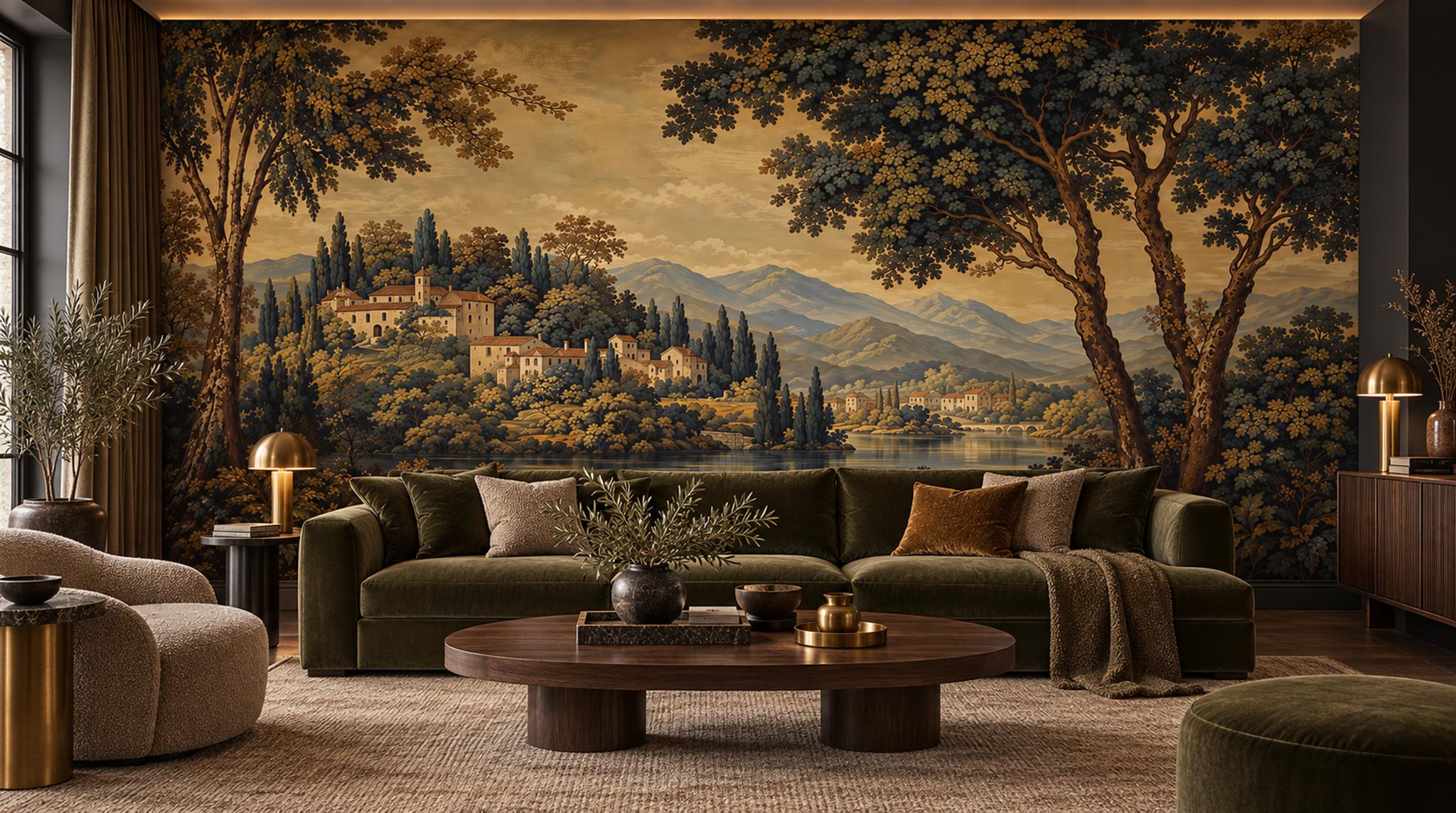 Tuscan Villas Beneath A Dark Oak Canopy Wallpaper Mural — Wallpaper Mural Design, Peel-and-stick Finish