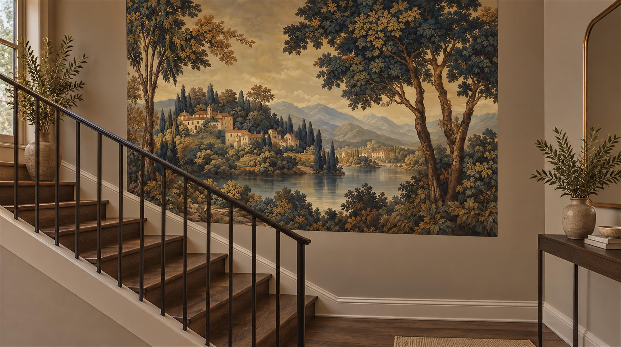 Neutral A Painterly Scenic View Layered Wallpaper Mural Hallway-wallpaper-murals, Peel-and-stick Finish