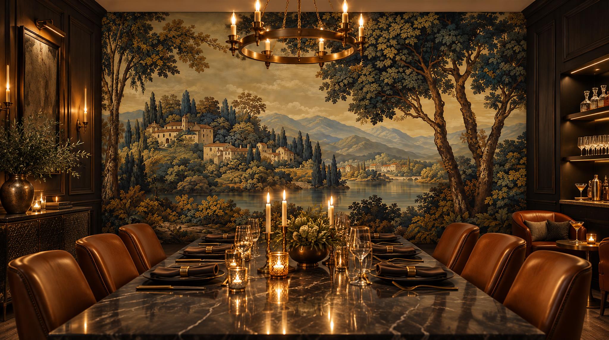 Neutral A Painterly Scenic View Layered Wallpaper Mural Dining-room-wallpaper-murals, Shown In A Dining Room, Peel-and-stick Finish