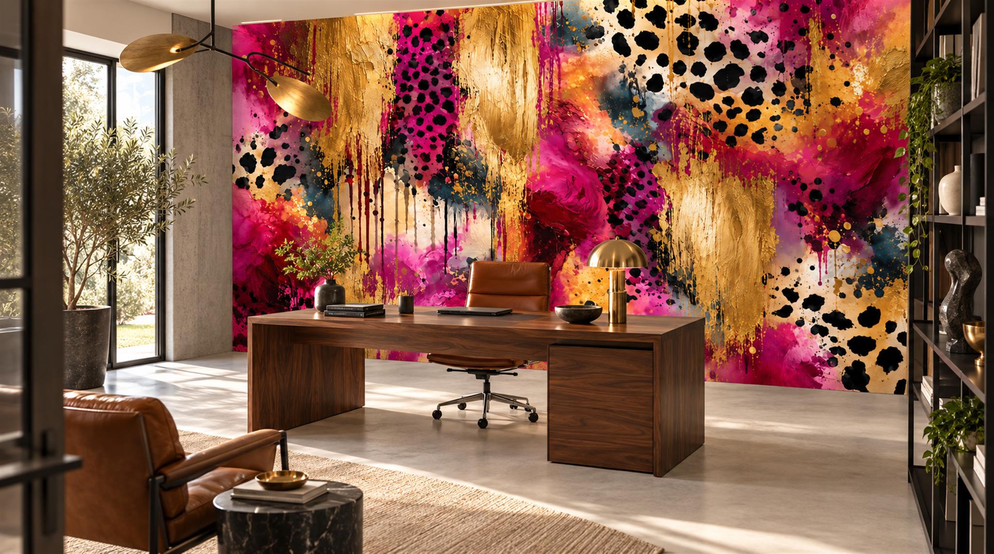 Tan And Neutral Abstract Forms Linear Layered Wallpaper Mural Office-wallpaper-murals, Shown In A Home Office, Peel-and-stick Finish