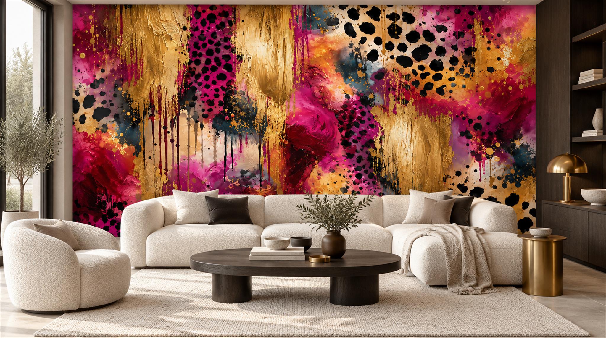 Hot Pink Gold And Black Abstract Splash Wallpaper Mural — Wallpaper Mural Design, Peel-and-stick Finish