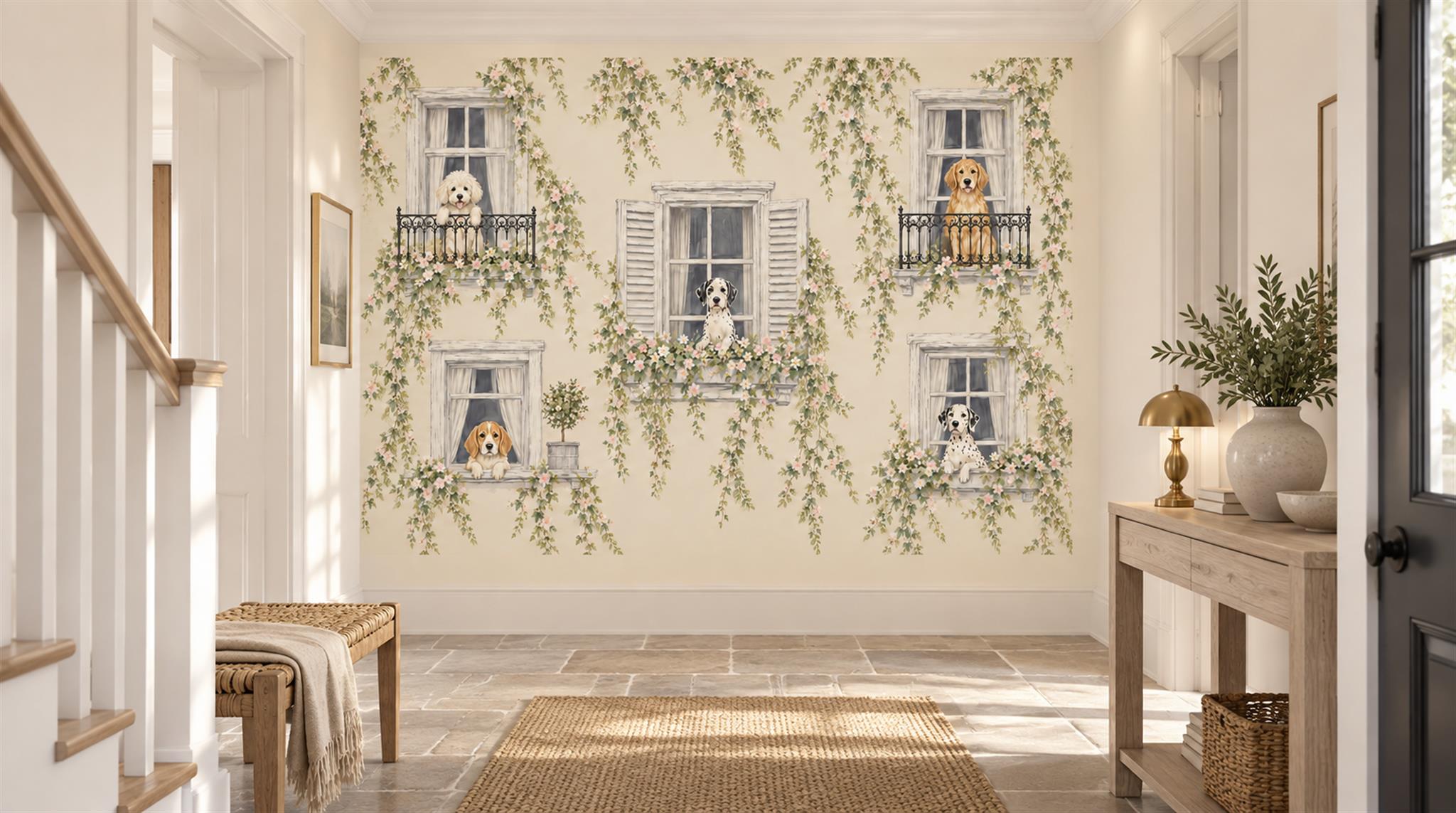 Cream And Neutral Abstract Forms Layered Wallpaper Mural Entryway-wallpaper-murals, Peel-and-stick Finish