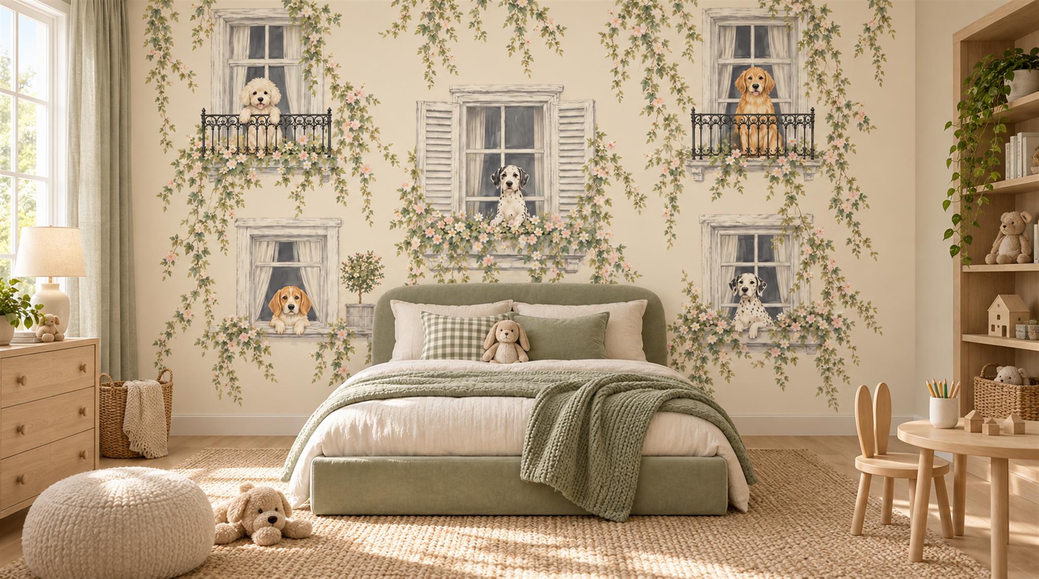 Cream And Neutral Abstract Forms Layered Wallpaper Mural Nursery-wallpaper-murals, Peel-and-stick Finish