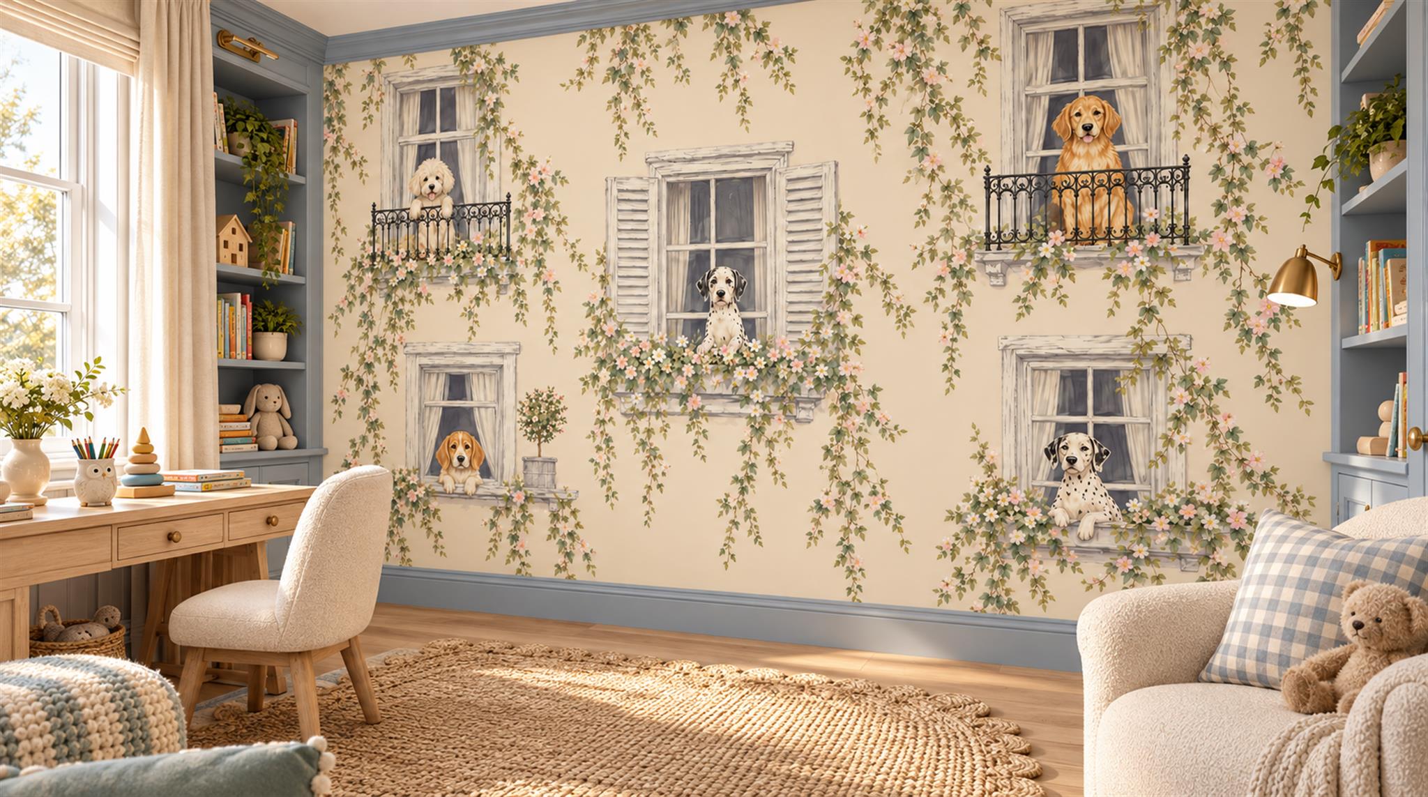 Cream And Neutral Abstract Forms Layered Wallpaper Mural Cafe-wallpaper-murals, Peel-and-stick Finish