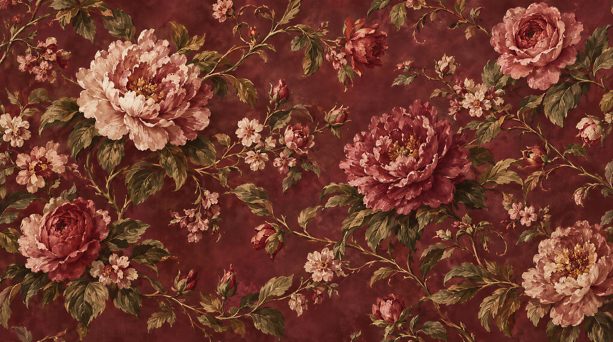Blush Peonies On Burgundy Wallpaper Mural — Wallpaper Mural Design, Peel-and-stick Finish
