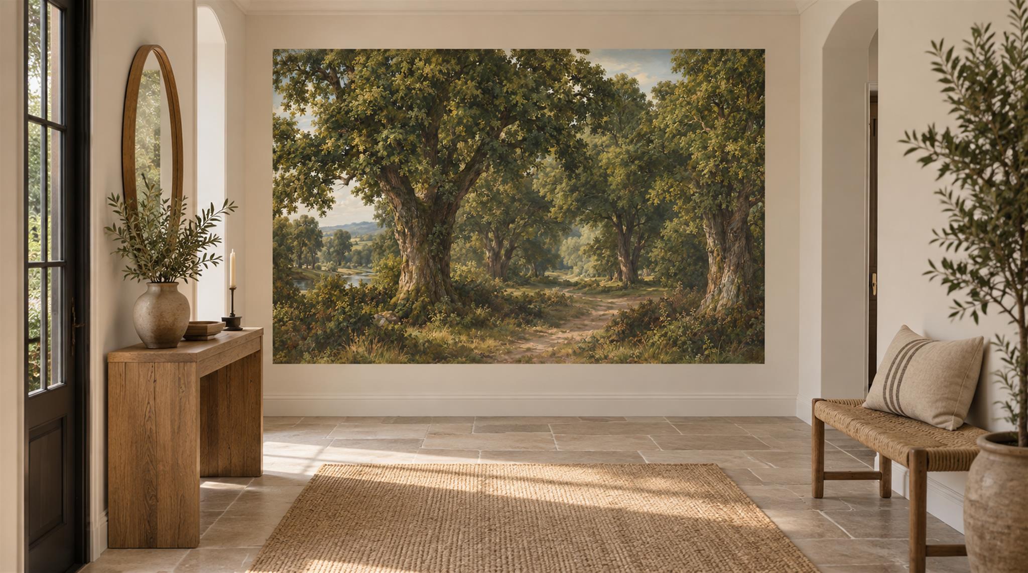 Red And Green Woodland Trees Painterly Wallpaper Mural Entryway-wallpaper-murals, Peel-and-stick Finish
