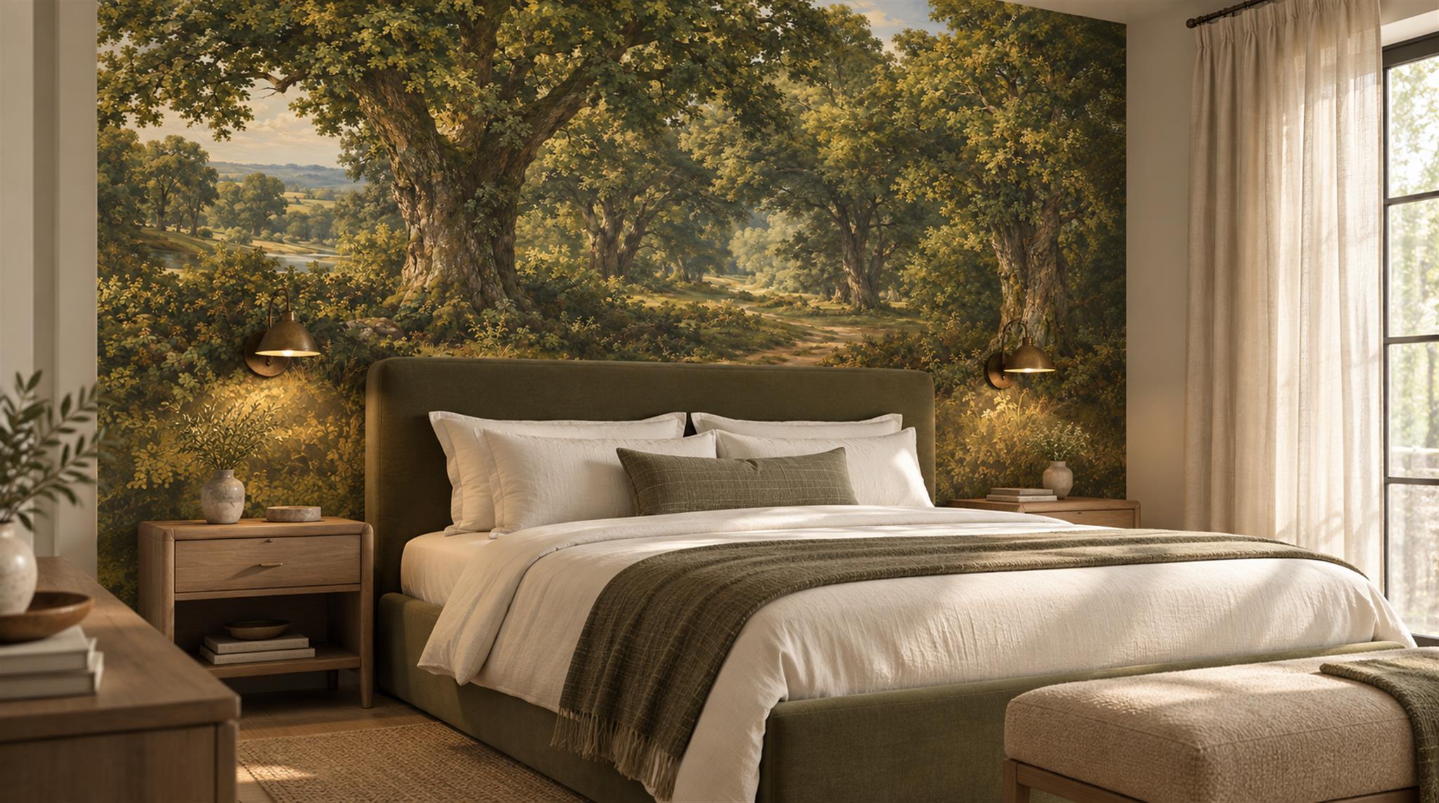 Red And Green Woodland Trees Painterly Wallpaper Mural Accent-wall-wallpaper-murals, Peel-and-stick Finish