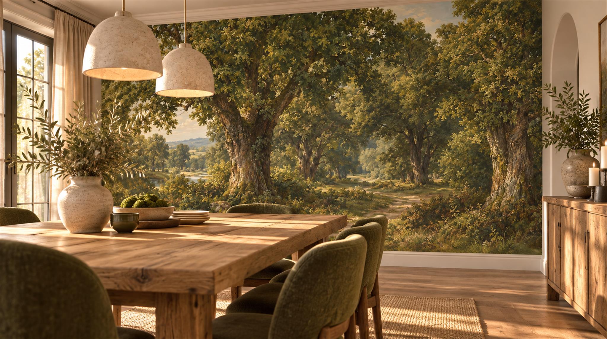 Red And Green Woodland Trees Painterly Wallpaper Mural Dining-room-wallpaper-murals, Shown In A Dining Room, Peel-and-stick Finish