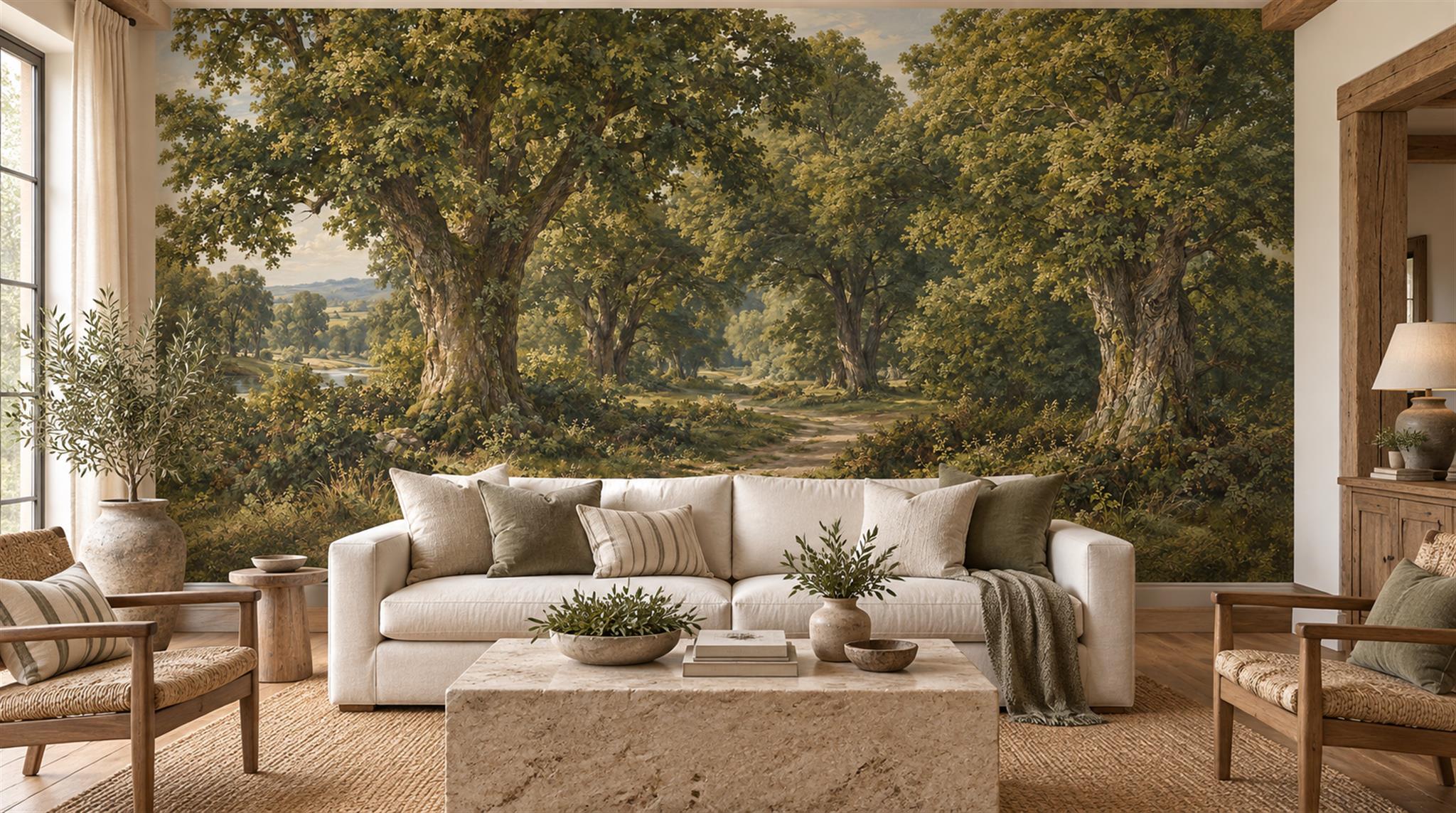 Sunlit Green Woodland Clearing Wallpaper Mural — Wallpaper Mural Design, Peel-and-stick Finish