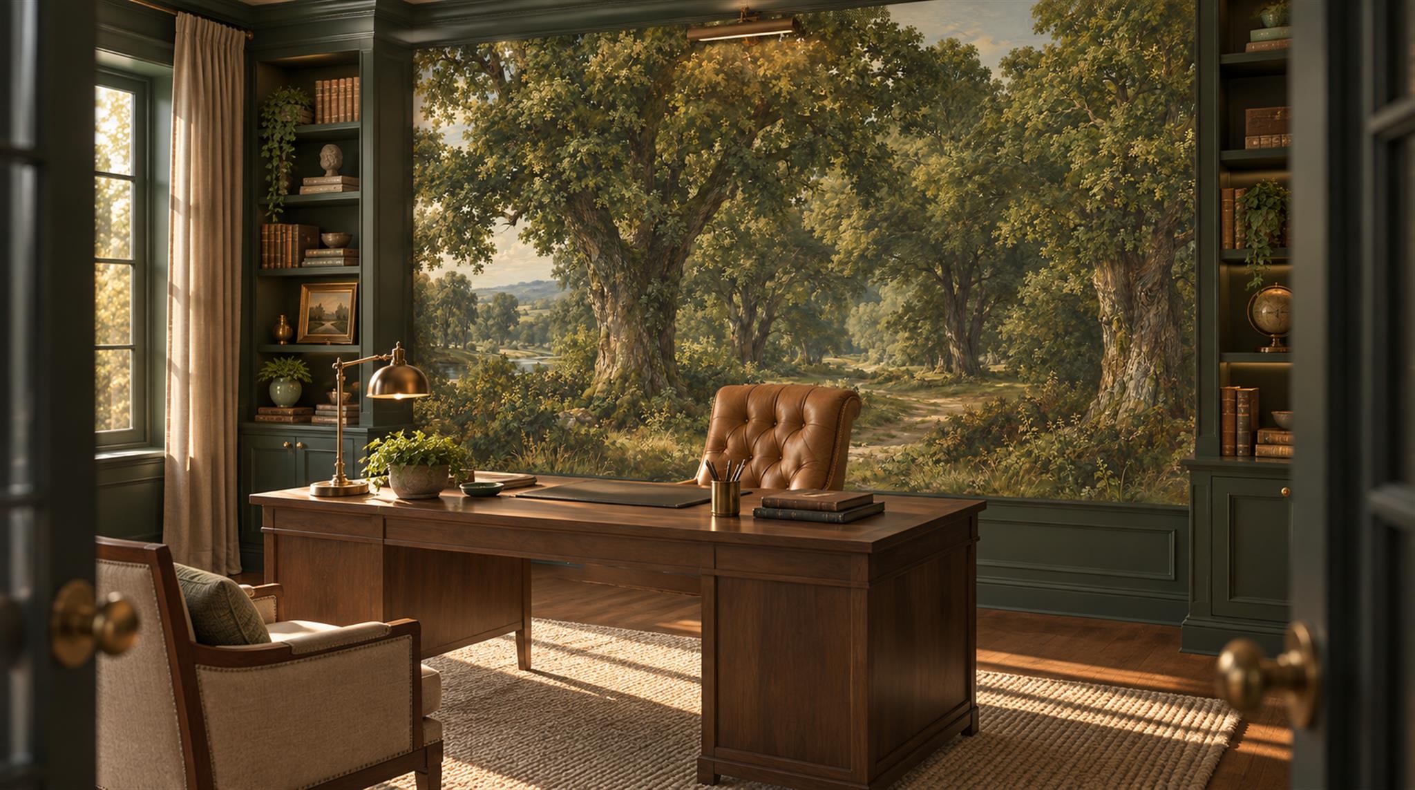Red And Green Woodland Trees Painterly Wallpaper Mural Living-room-wallpaper-murals, Peel-and-stick Finish