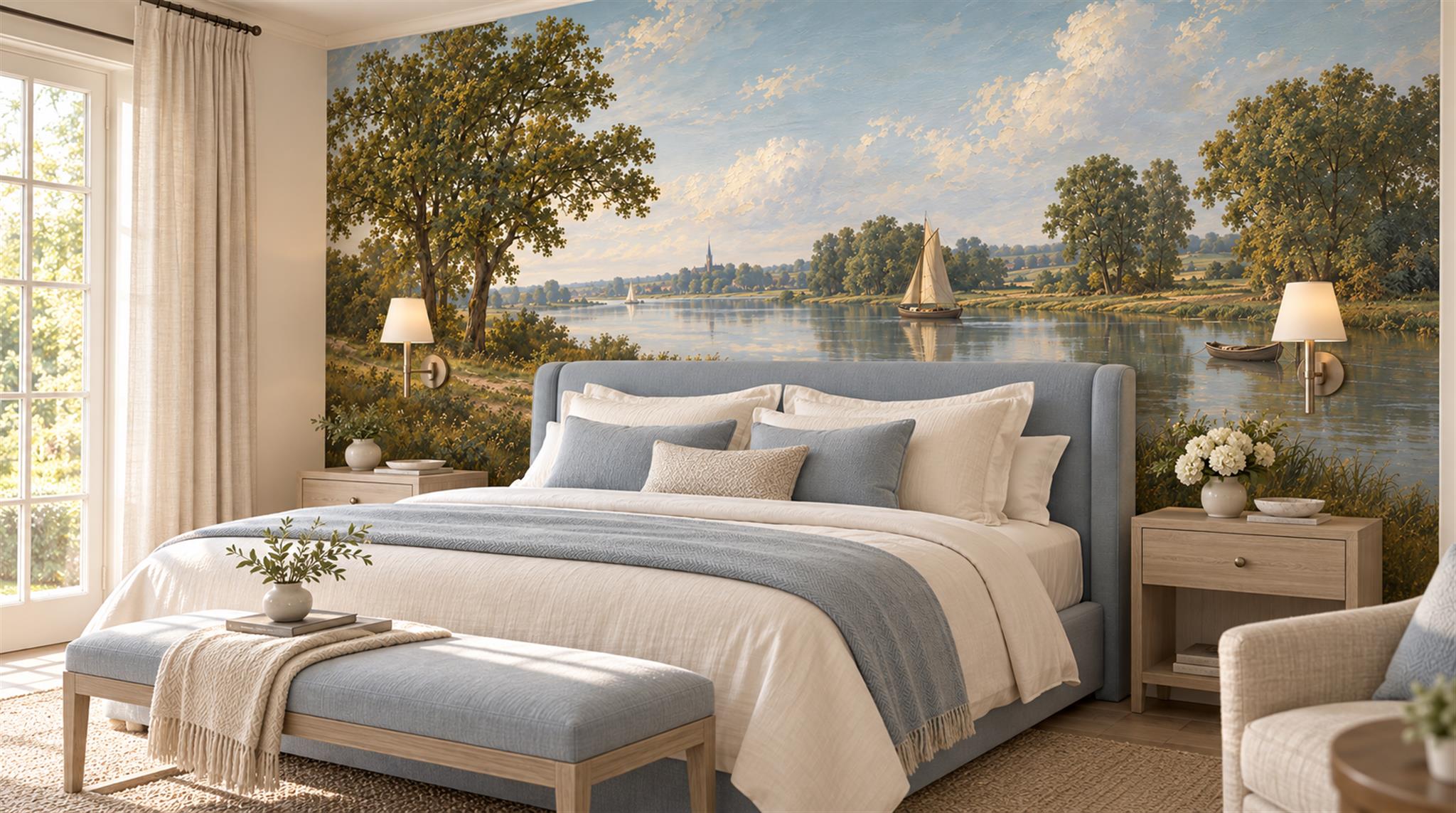Blue And Neutral A Lakeside View Wallpaper Mural Accent-wall-wallpaper-murals, Peel-and-stick Finish
